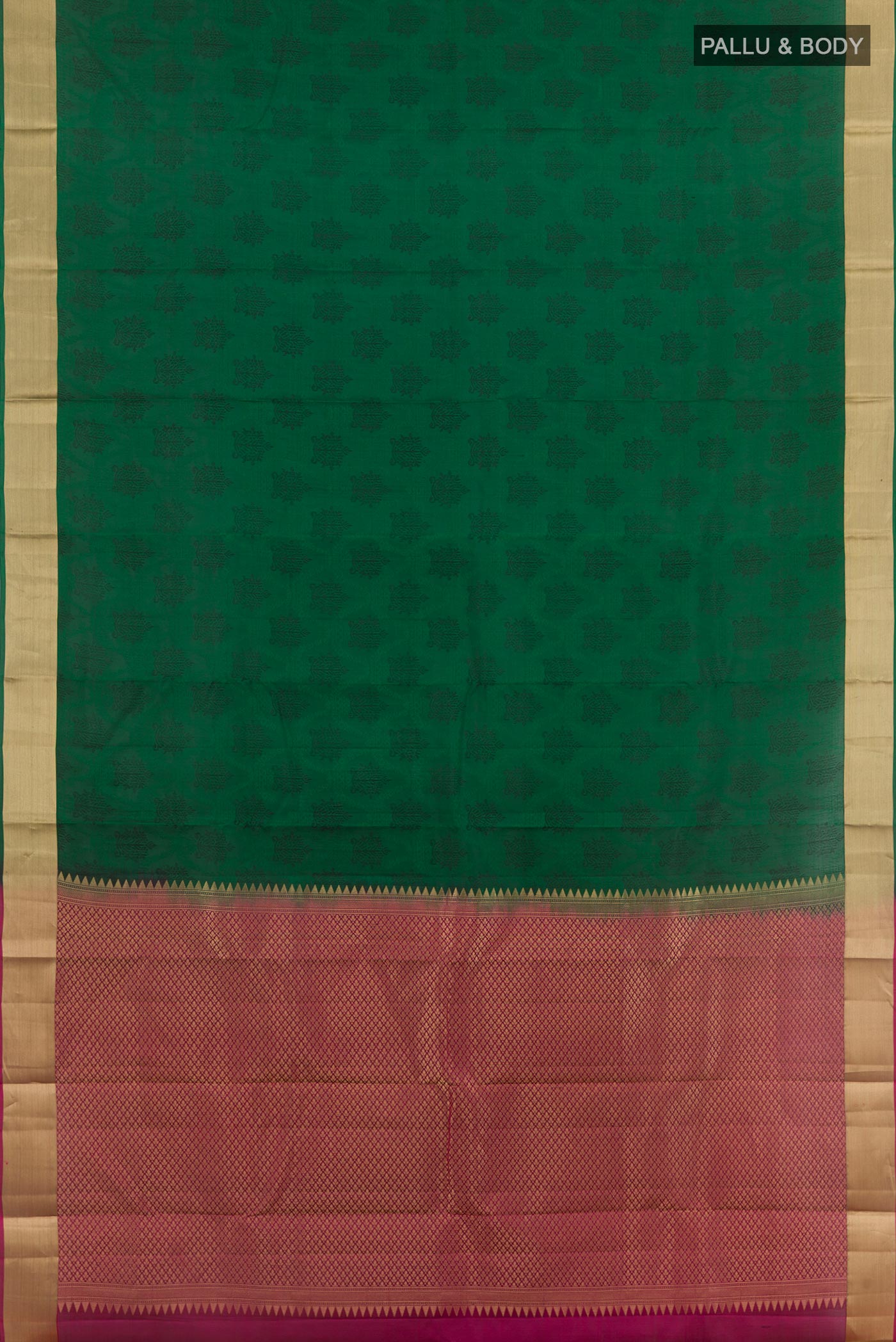 Flat view of Green Kanjivaram Silk Saree with Jacquard design on the body and Zari Border. 