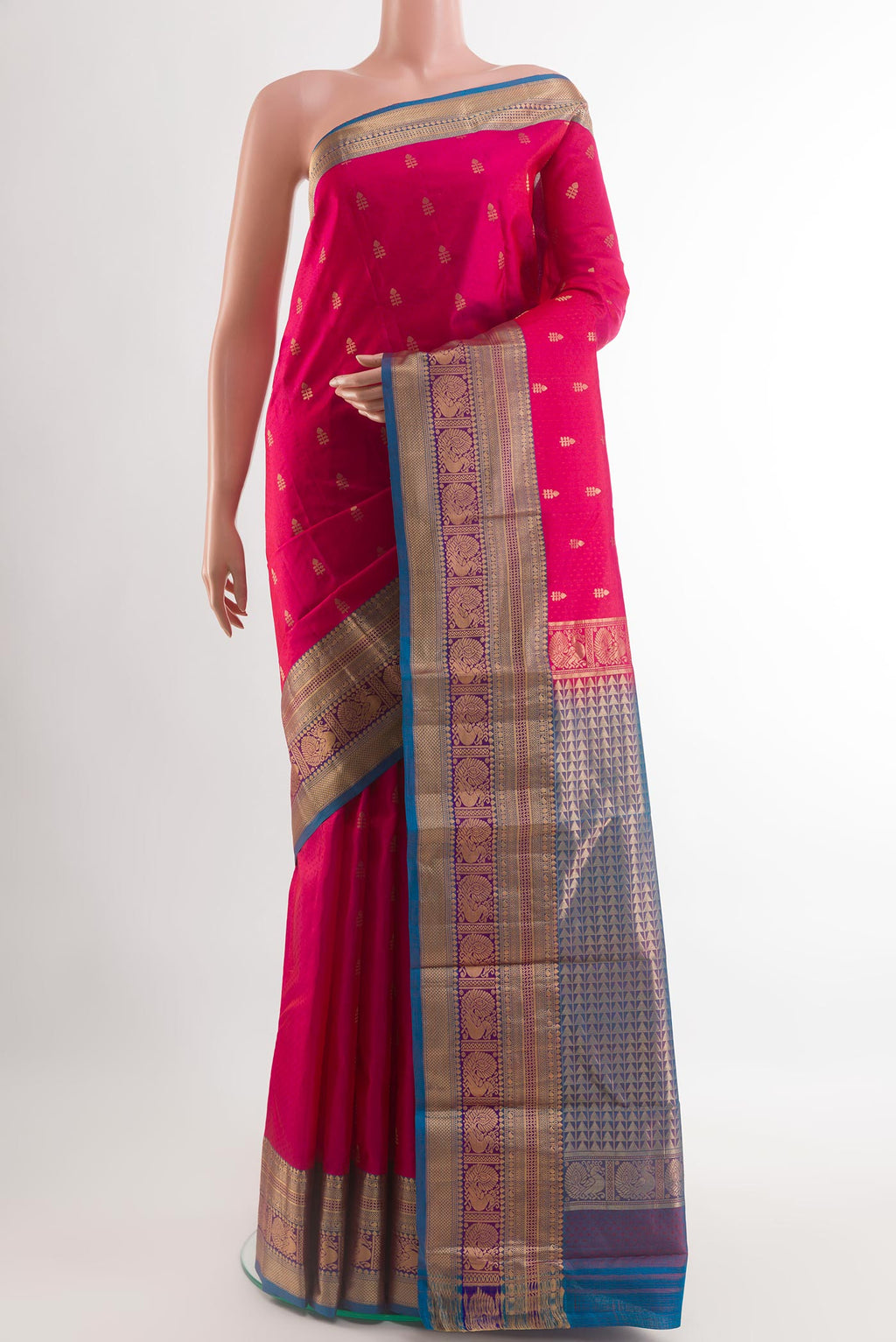 Pink Kanchipuram Silk Saree with Jacquard With Zari Butta on the body and Zari Border.  displayed on a mannequin