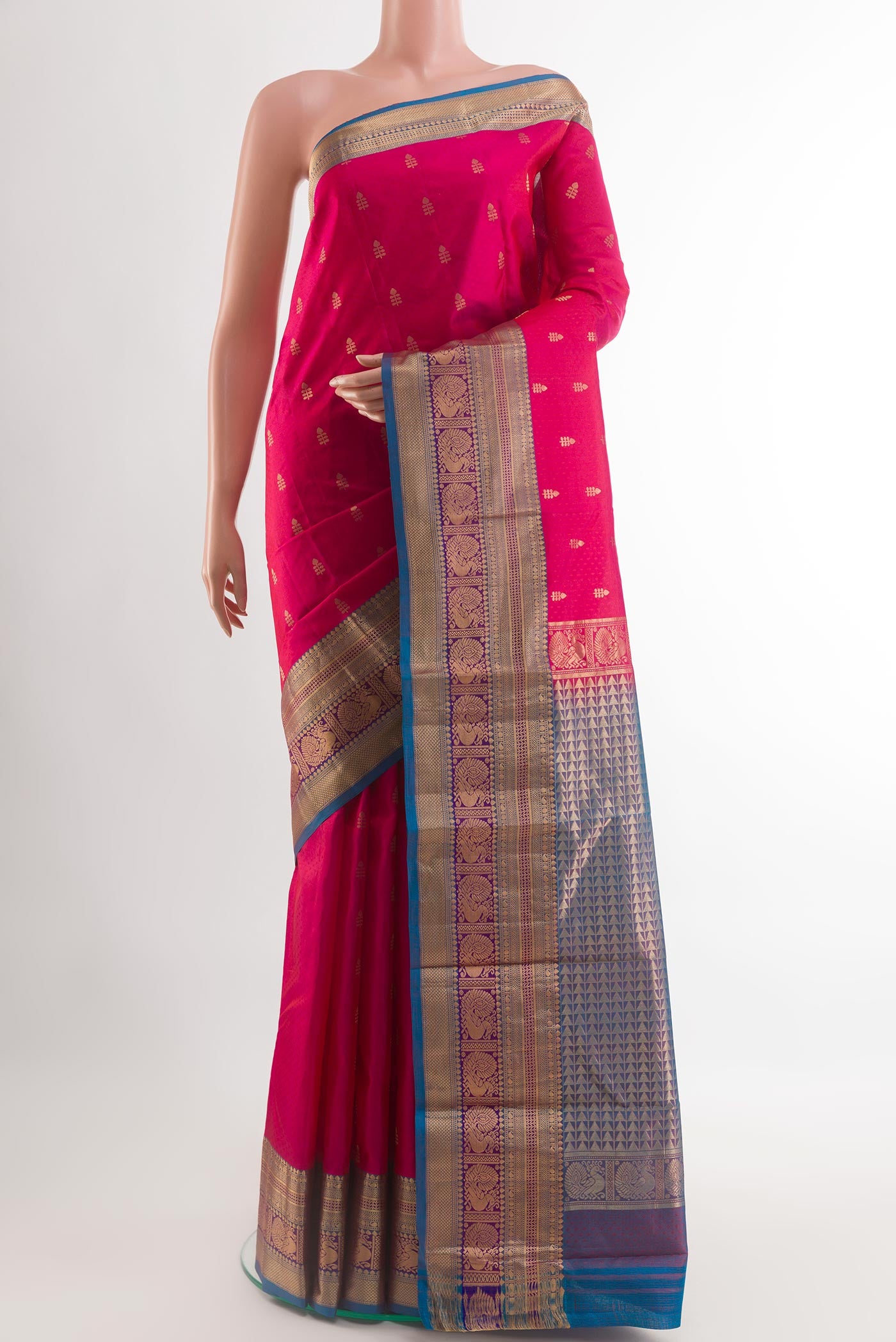 Pink Kanchipuram Silk Saree with Jacquard With Zari Butta on the body and Zari Border.  displayed on a mannequin