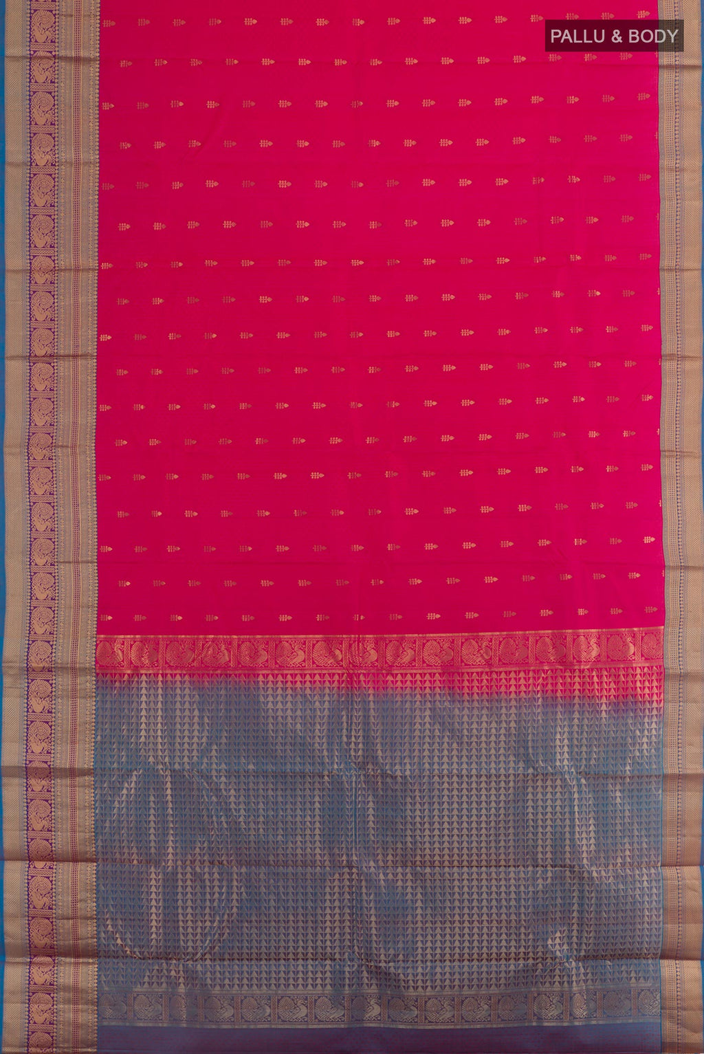 Flat view of Pink Kanchipuram Silk Saree with Jacquard With Zari Butta on the body and Zari Border. 