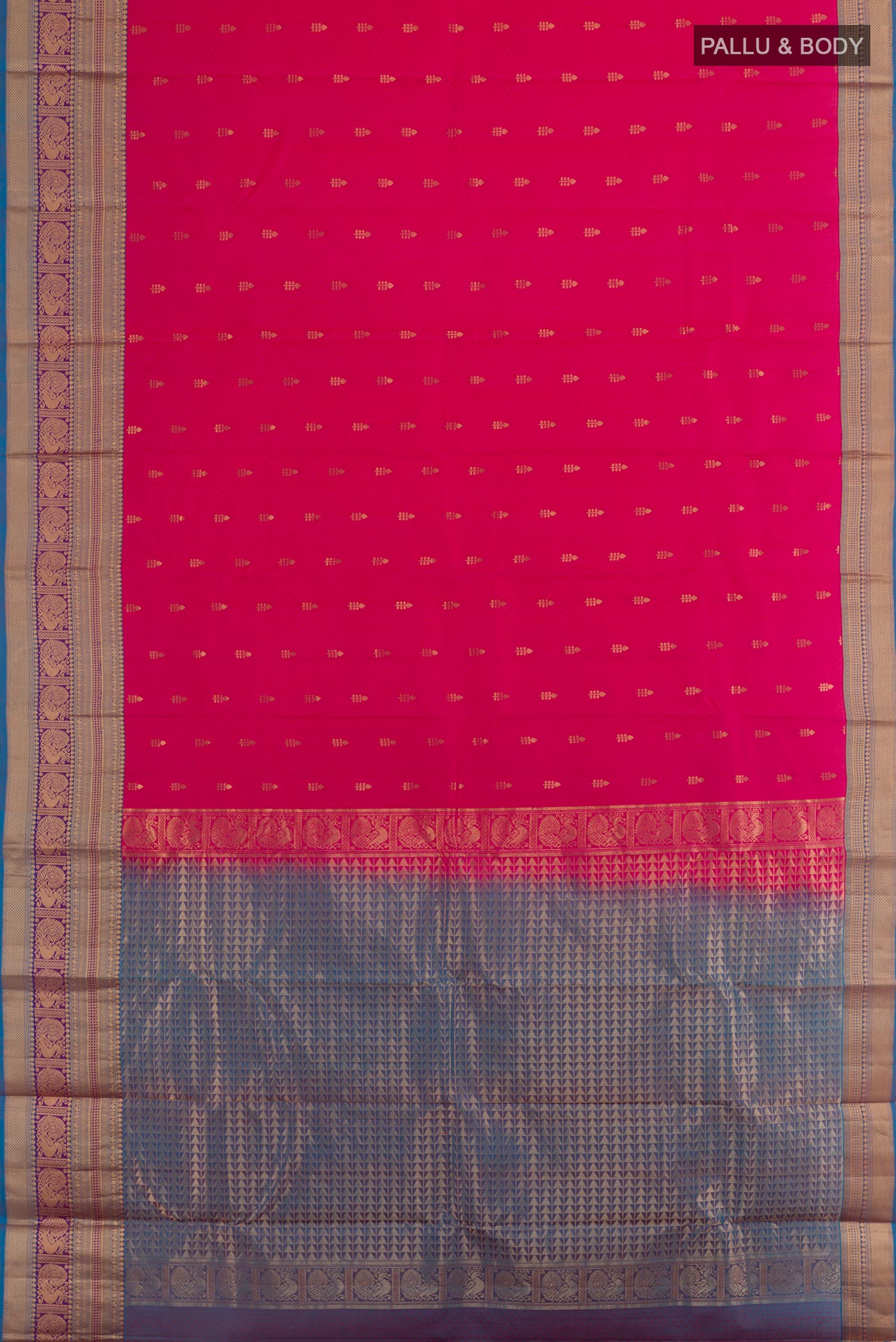 Flat view of Pink Kanchipuram Silk Saree with Jacquard With Zari Butta on the body and Zari Border. 