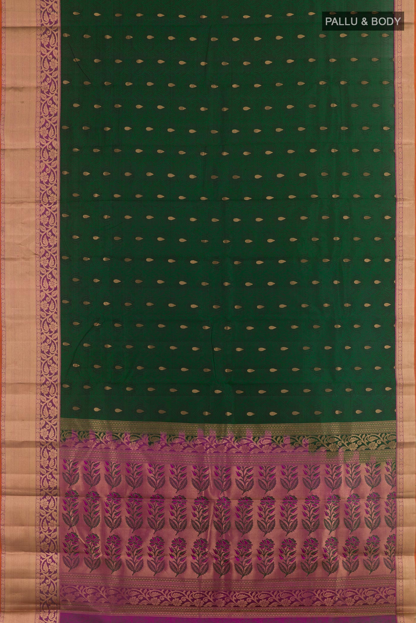Flat view of Bottle Green Kanchipuram Silk Saree with Jacquard With Zari Butta on the body and Zari Border. 