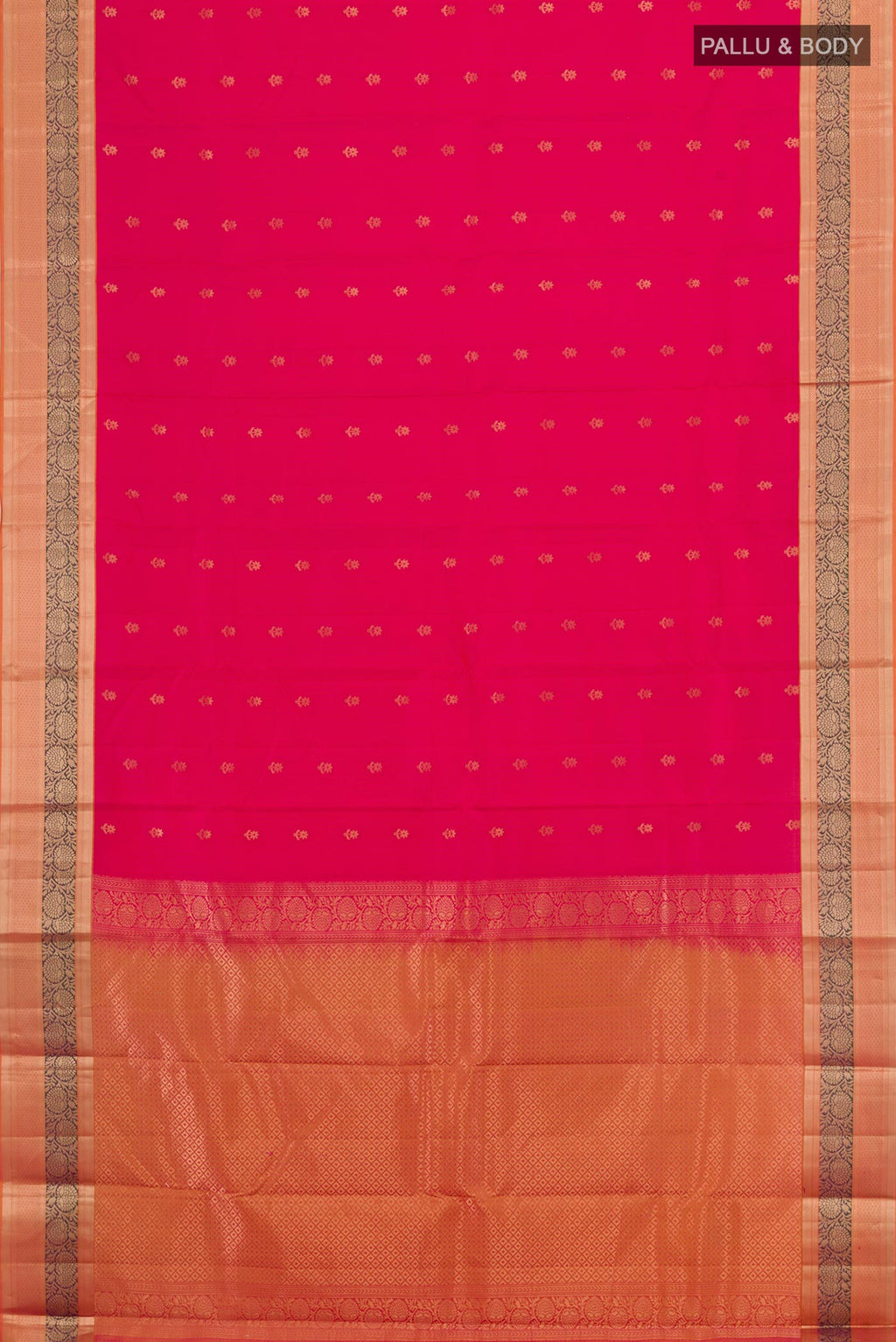 Flat view of Pink Kanchipuram Silk Saree with Jacquard With Zari Butta on the body and Zari Border. 