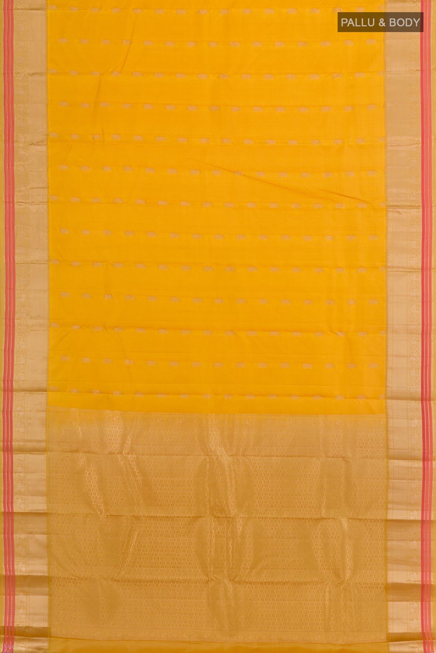 Flat view of Yellow Kanchipuram Silk Saree with Jacquard With Zari Butta on the body and Zari Border. 