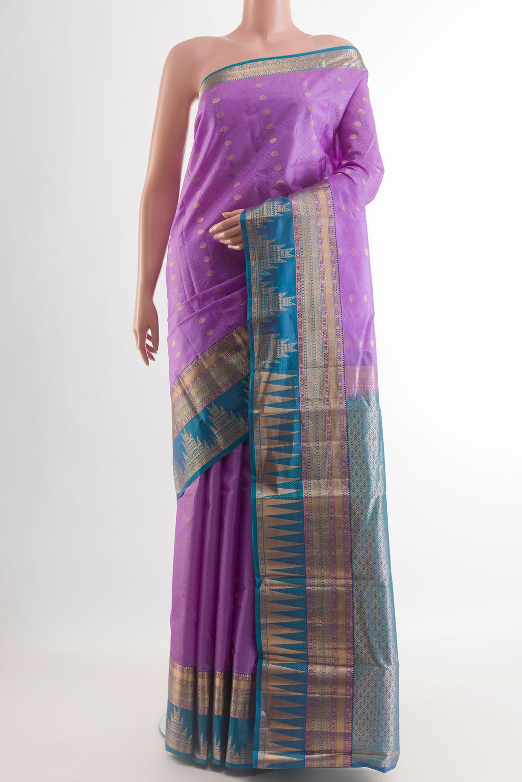 Lavender Kanchipuram Silk Saree with Jacquard With Zari Butta on the body and Zari Border.  displayed on a mannequin