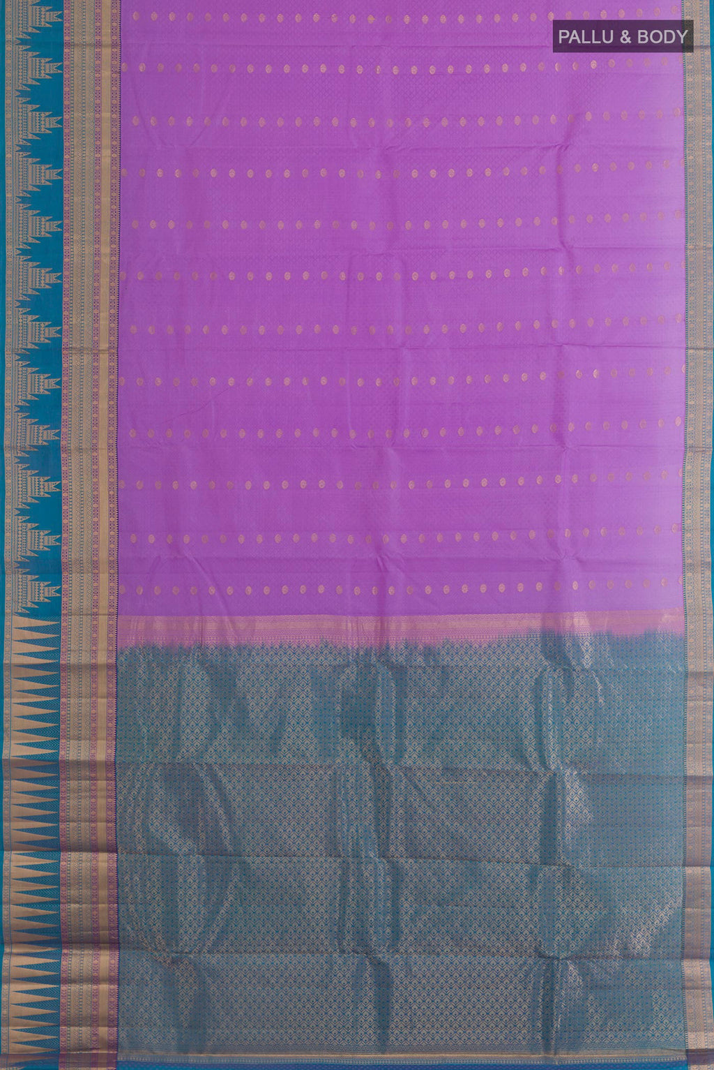 Flat view of Lavender Kanchipuram Silk Saree with Jacquard With Zari Butta on the body and Zari Border. 