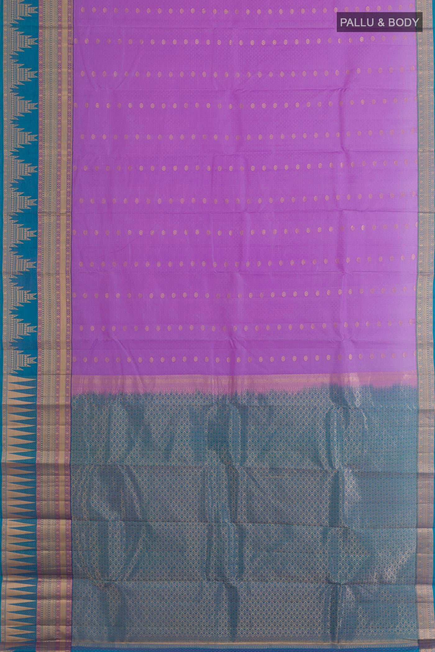 Flat view of Lavender Kanchipuram Silk Saree with Jacquard With Zari Butta on the body and Zari Border. 