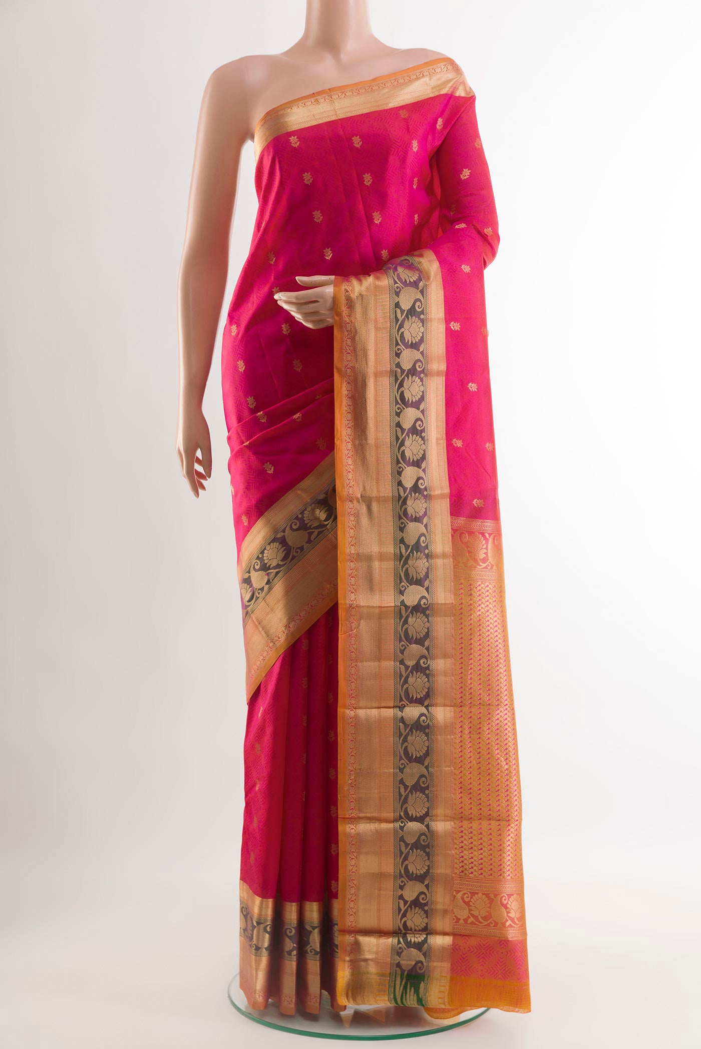 Pink Kanchipuram Silk Saree with Jacquard With Zari Butta on the body and Zari Border.  displayed on a mannequin