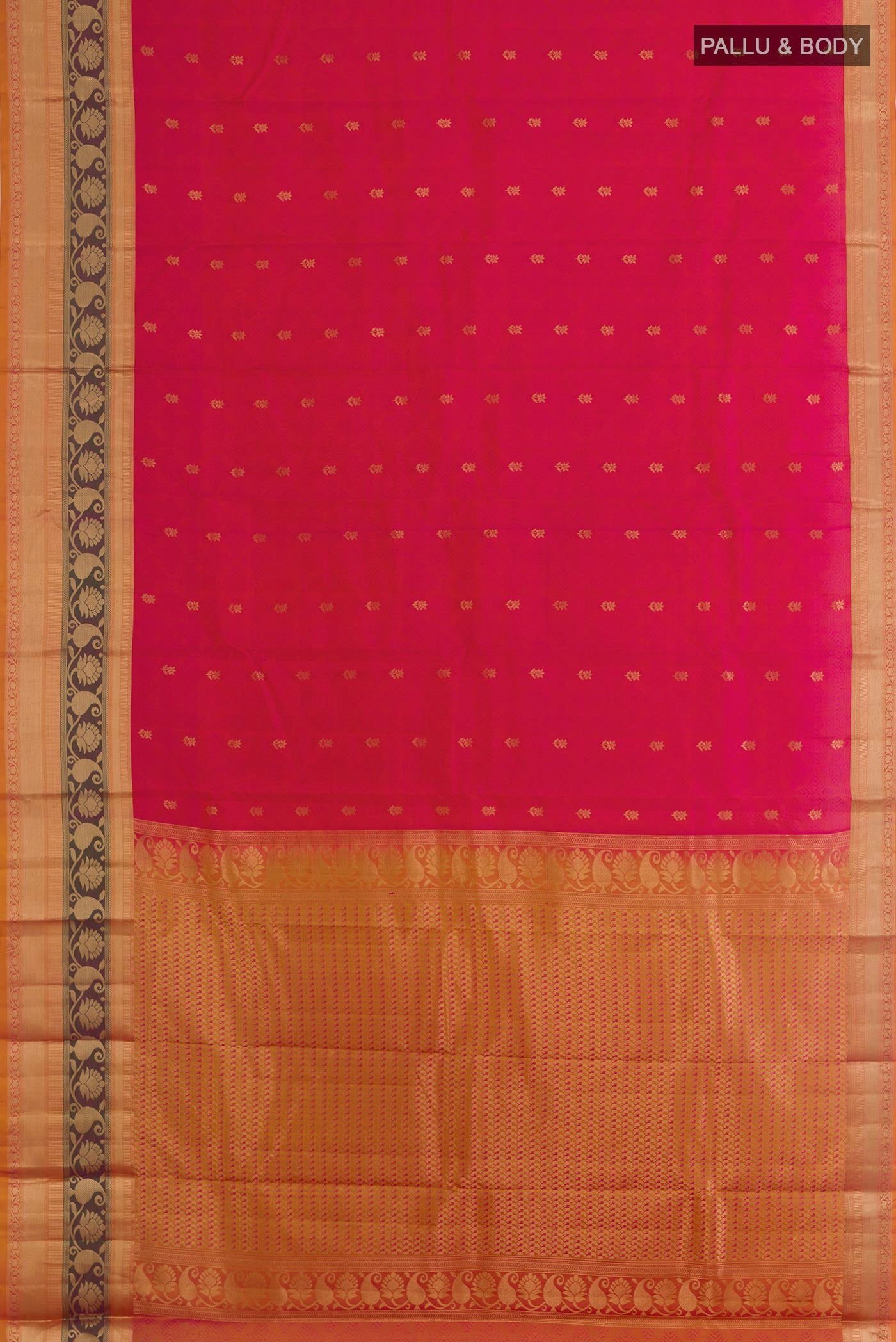 Flat view of Pink Kanchipuram Silk Saree with Jacquard With Zari Butta on the body and Zari Border. 