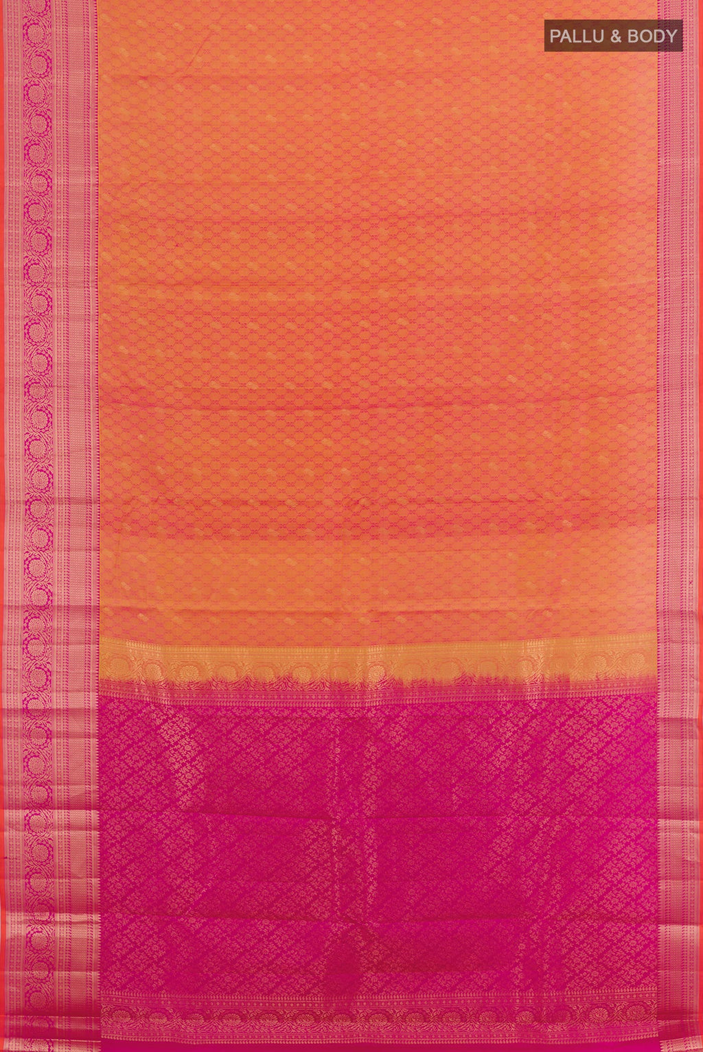 Flat view of Peach Kanchipuram Silk Saree with Jacquard With Zari Butta on the body and Zari Border. 