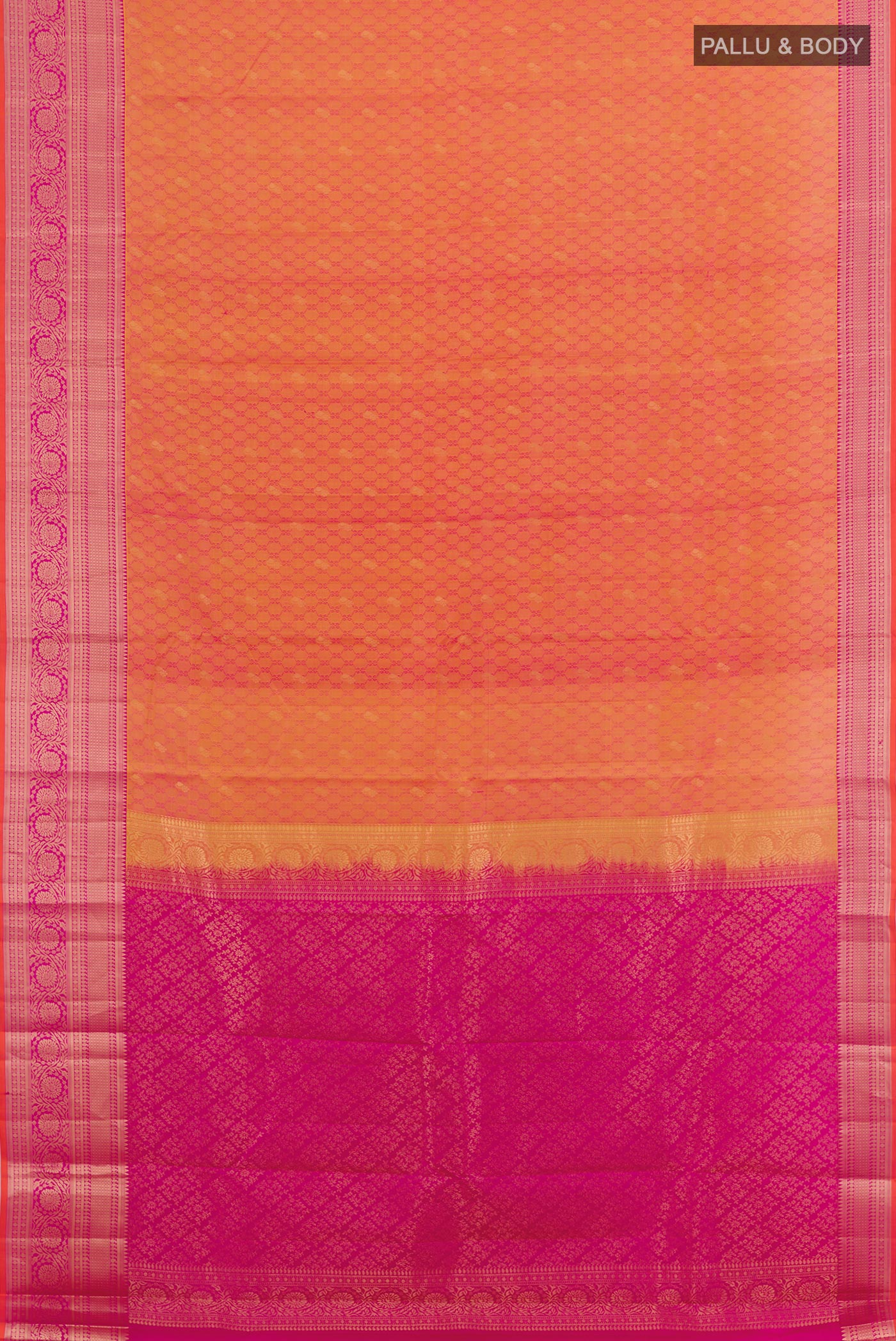 Flat view of Peach Kanchipuram Silk Saree with Jacquard With Zari Butta on the body and Zari Border. 