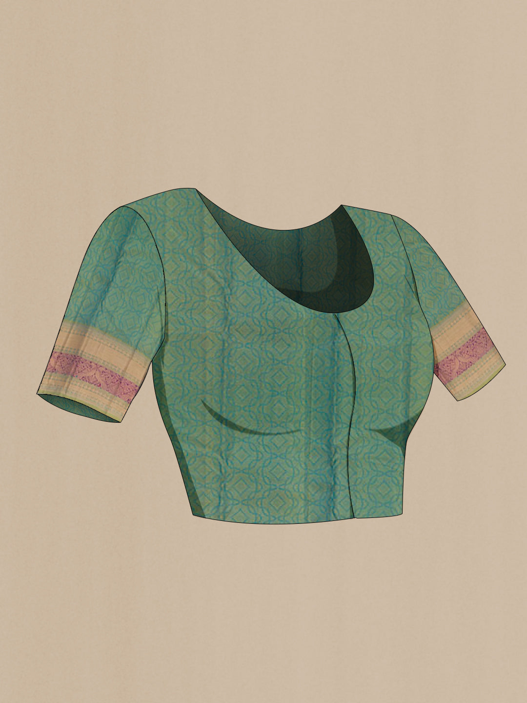 Close up image of the blouse of Green Kanchipuram Silk Saree with Jacquard With Zari Butta on the body and Zari Border. 