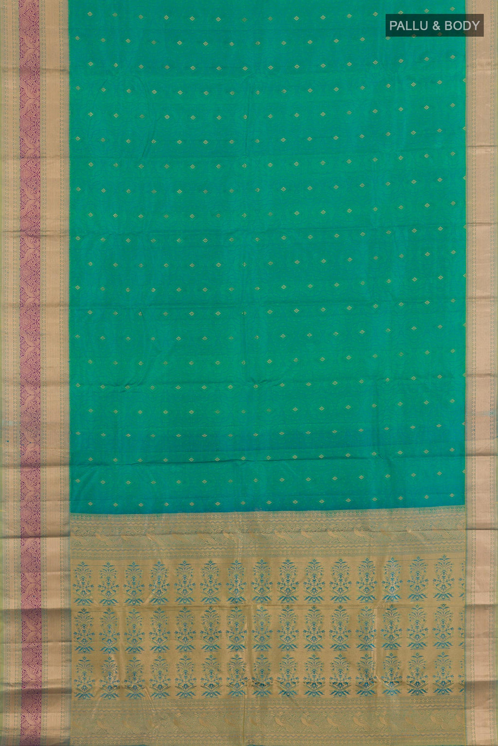 Flat view of Green Kanchipuram Silk Saree with Jacquard With Zari Butta on the body and Zari Border. 