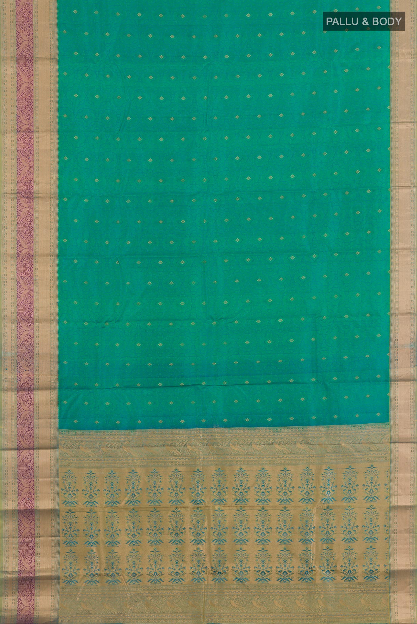Flat view of Green Kanchipuram Silk Saree with Jacquard With Zari Butta on the body and Zari Border. 