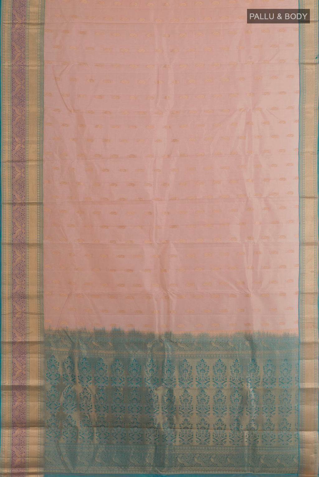 Flat view of Cream Kanchipuram Silk Saree with Zari Butta on the body and Zari Border. 