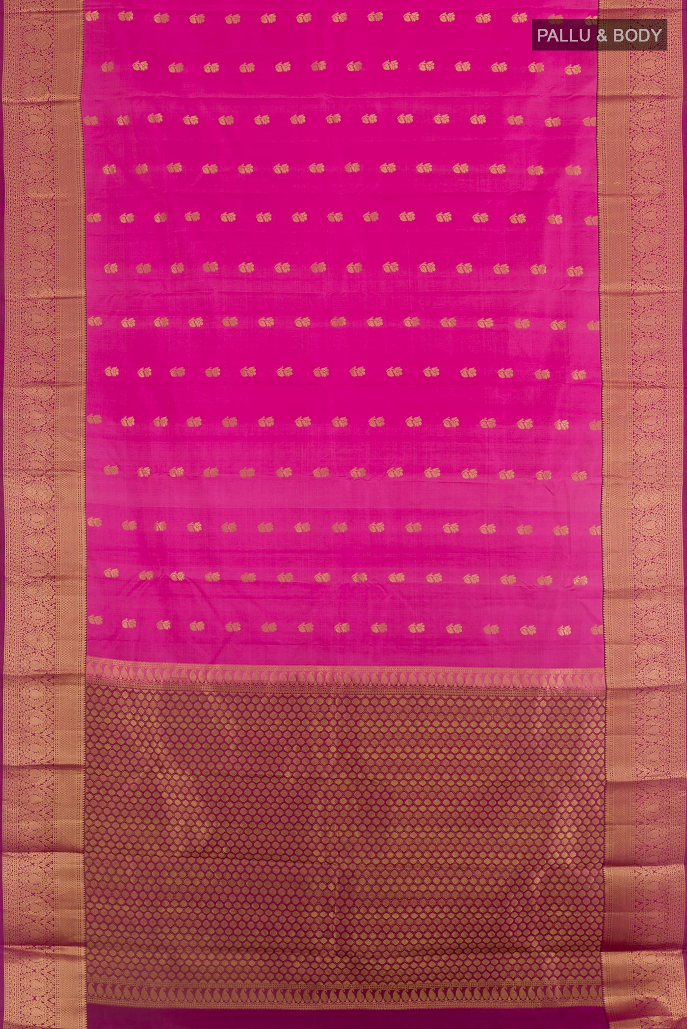 Flat view of Pink Kanchipuram Silk Saree with Zari Butta on the body and Zari Border. 