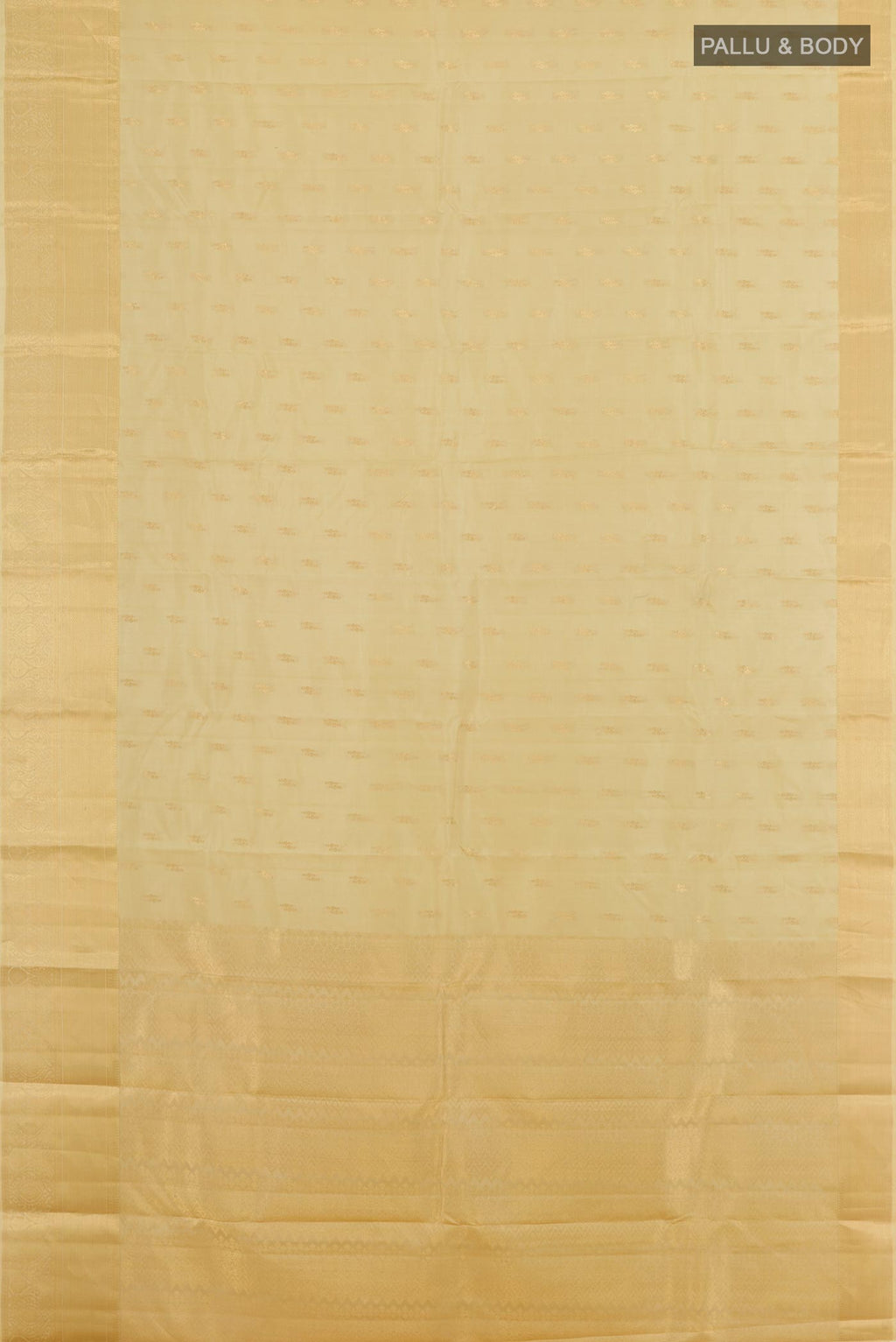 Flat view of Off White Kanchipuram Silk Saree with Zari Butta on the body and Zari Border. 
