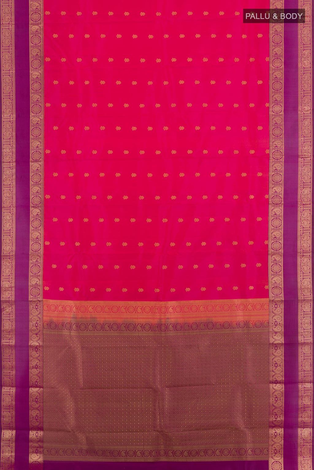 Flat view of Pink Kanchipuram Silk Saree with Zari Butta on the body and Zari Border. 