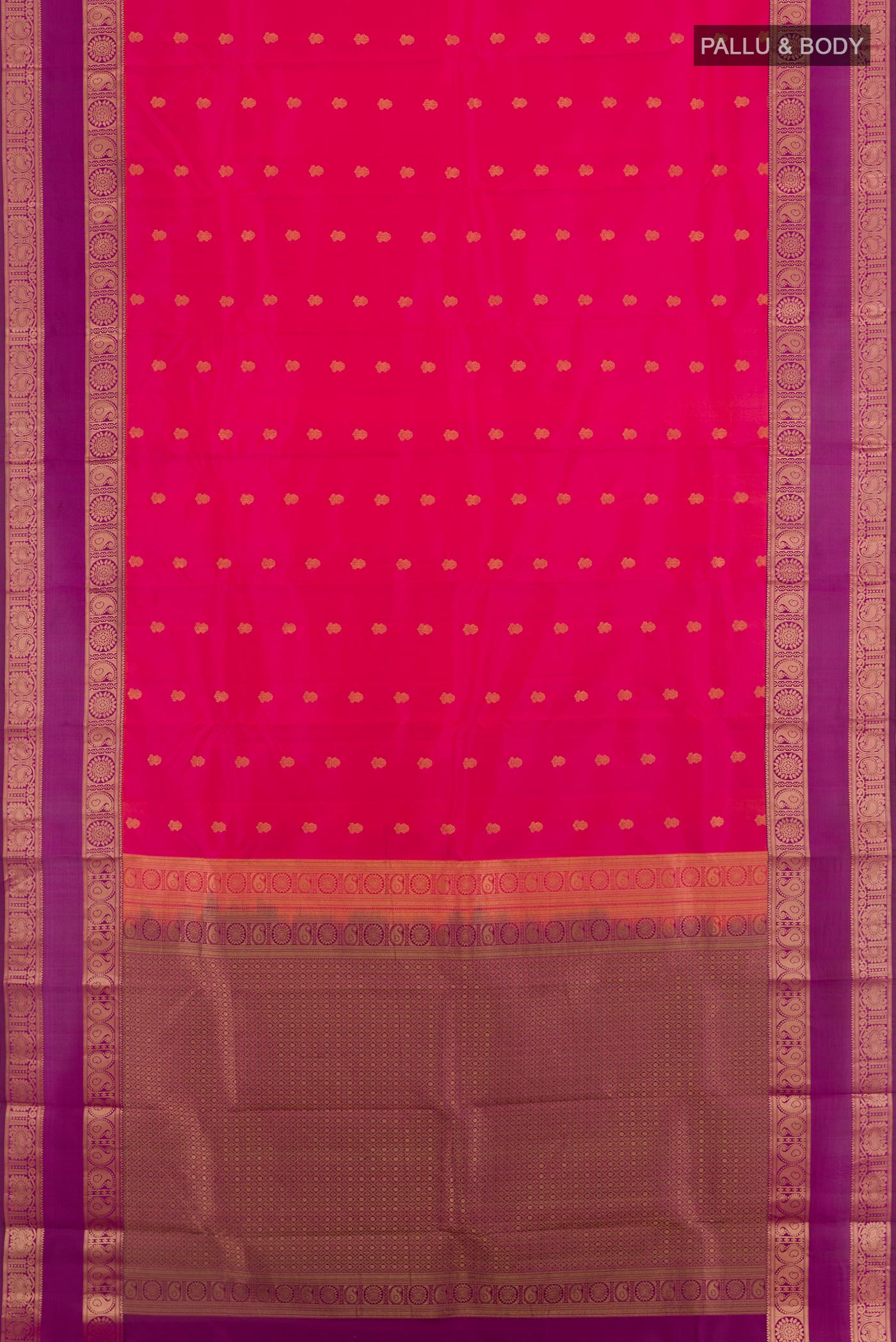 Flat view of Pink Kanchipuram Silk Saree with Zari Butta on the body and Zari Border. 