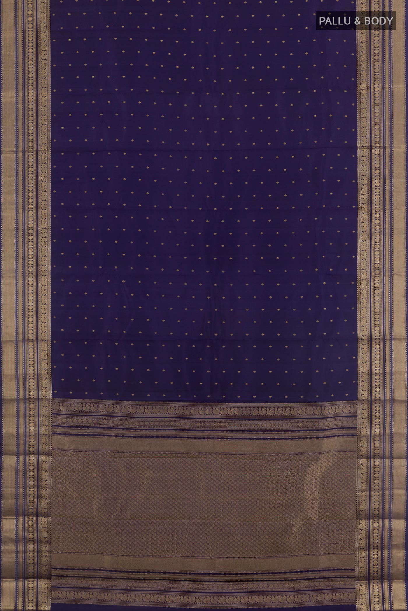 Flat view of Blue Kanchipuram Silk Saree with Zari Butta on the body and Zari Border. 