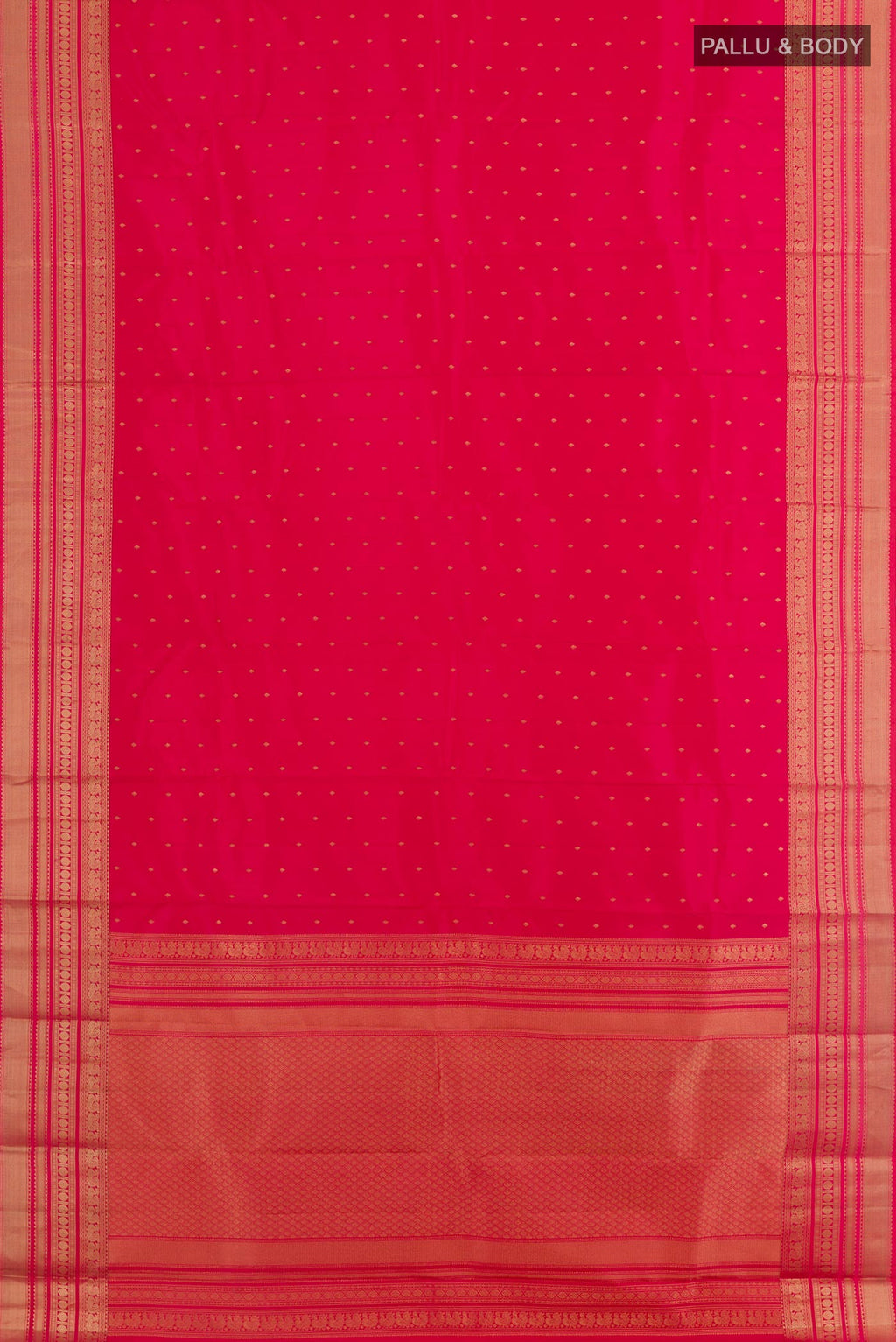 Flat view of Red Kanchipuram Silk Saree with Zari Butta on the body and Zari Border. 