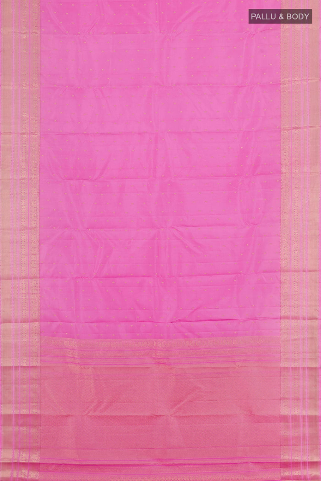 Flat view of Pink Kanchipuram Silk Saree with Zari Butta on the body and Zari Border. 