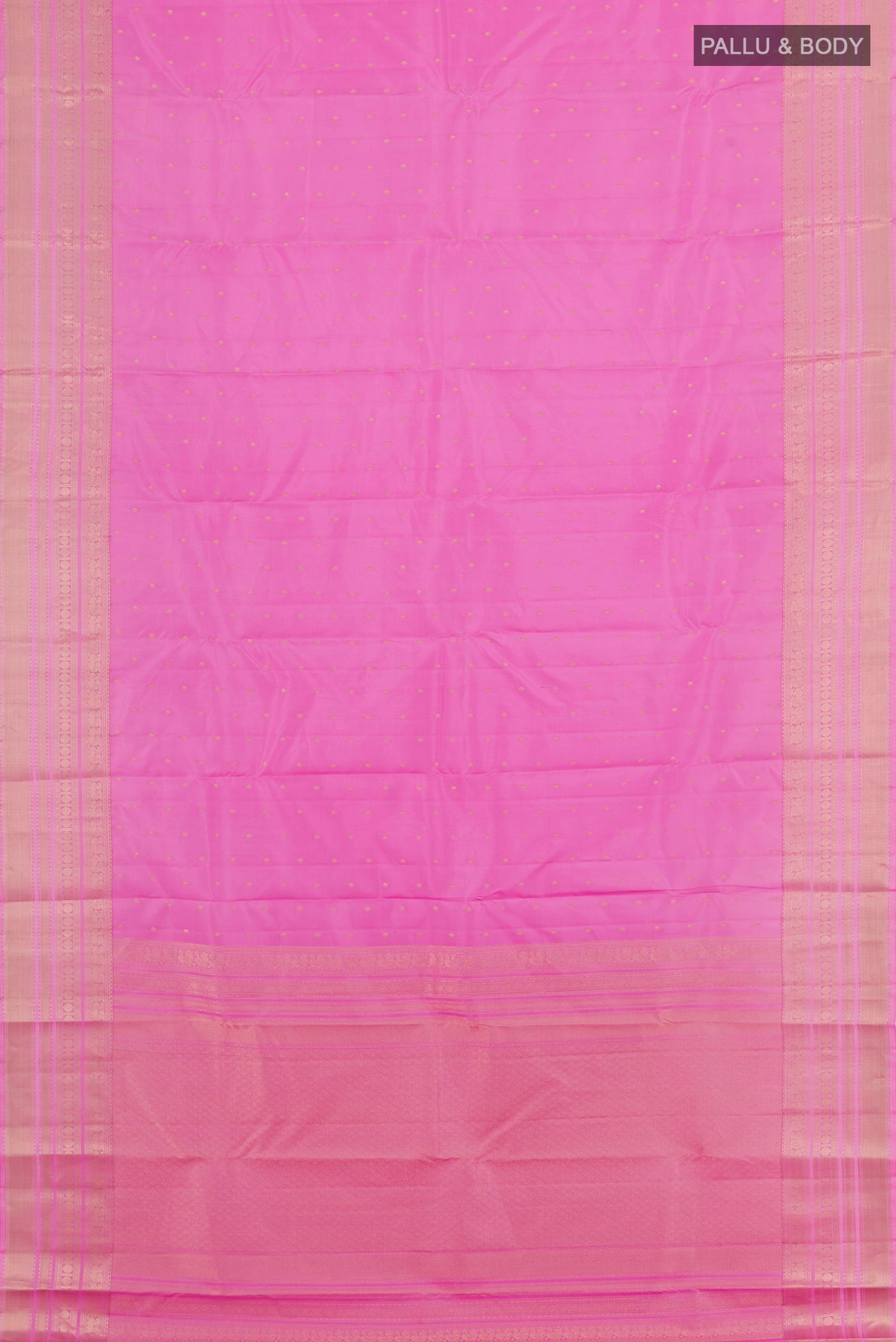 Flat view of Pink Kanchipuram Silk Saree with Zari Butta on the body and Zari Border. 