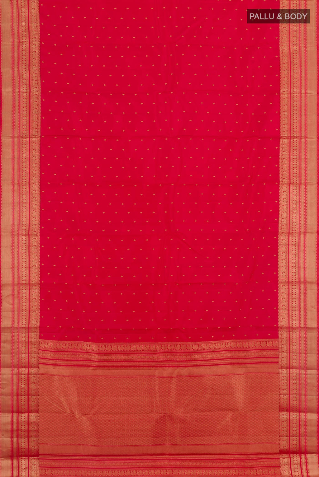 Flat view of Red Kanchipuram Silk Saree with Zari Butta on the body and Zari Border. 