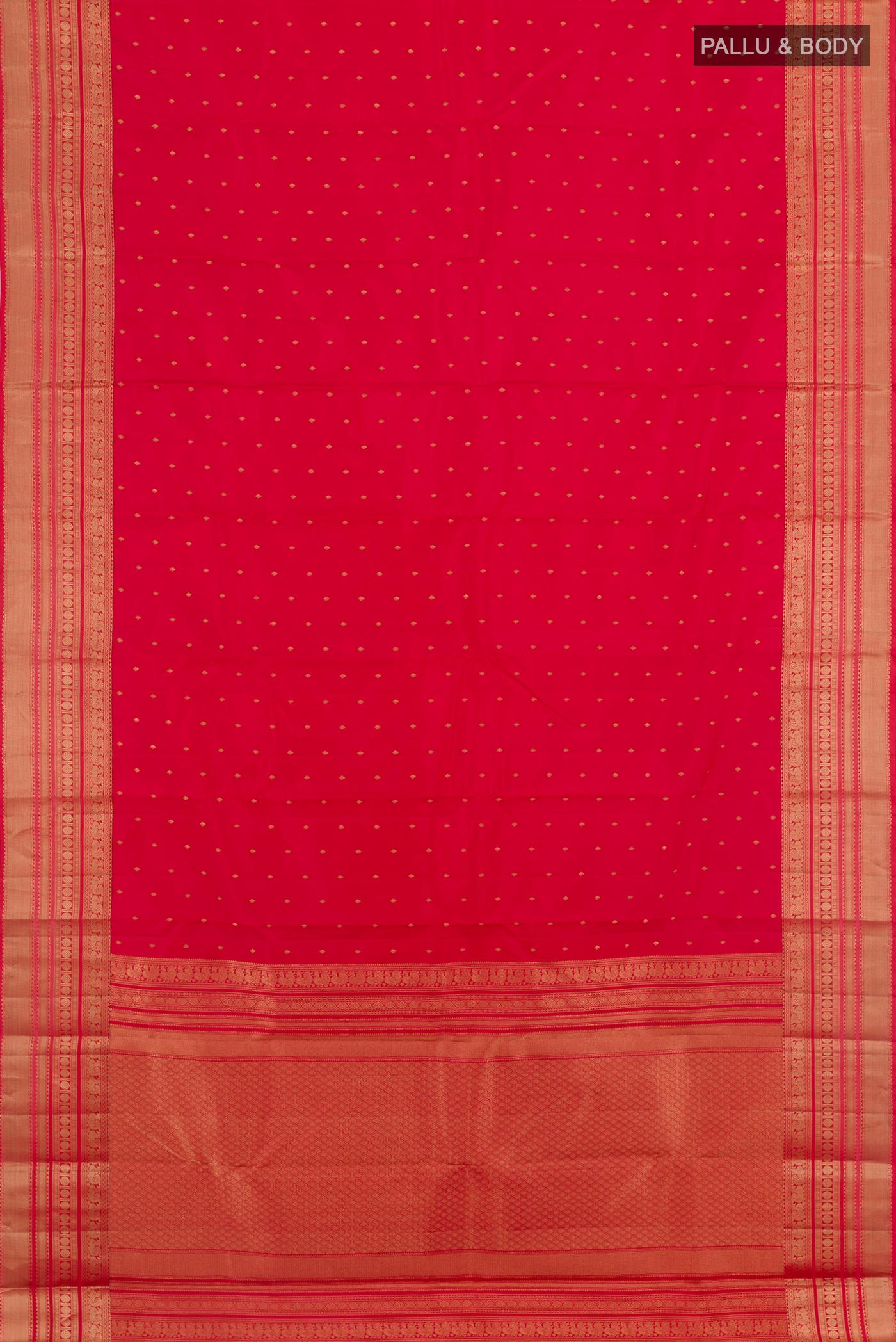 Flat view of Red Kanchipuram Silk Saree with Zari Butta on the body and Zari Border. 