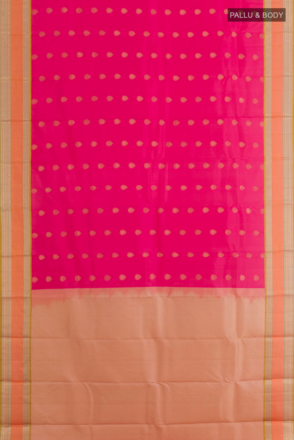 Flat view of Pink Kanjivaram Silk Saree with Zari Butta on the body and Zari Border. 