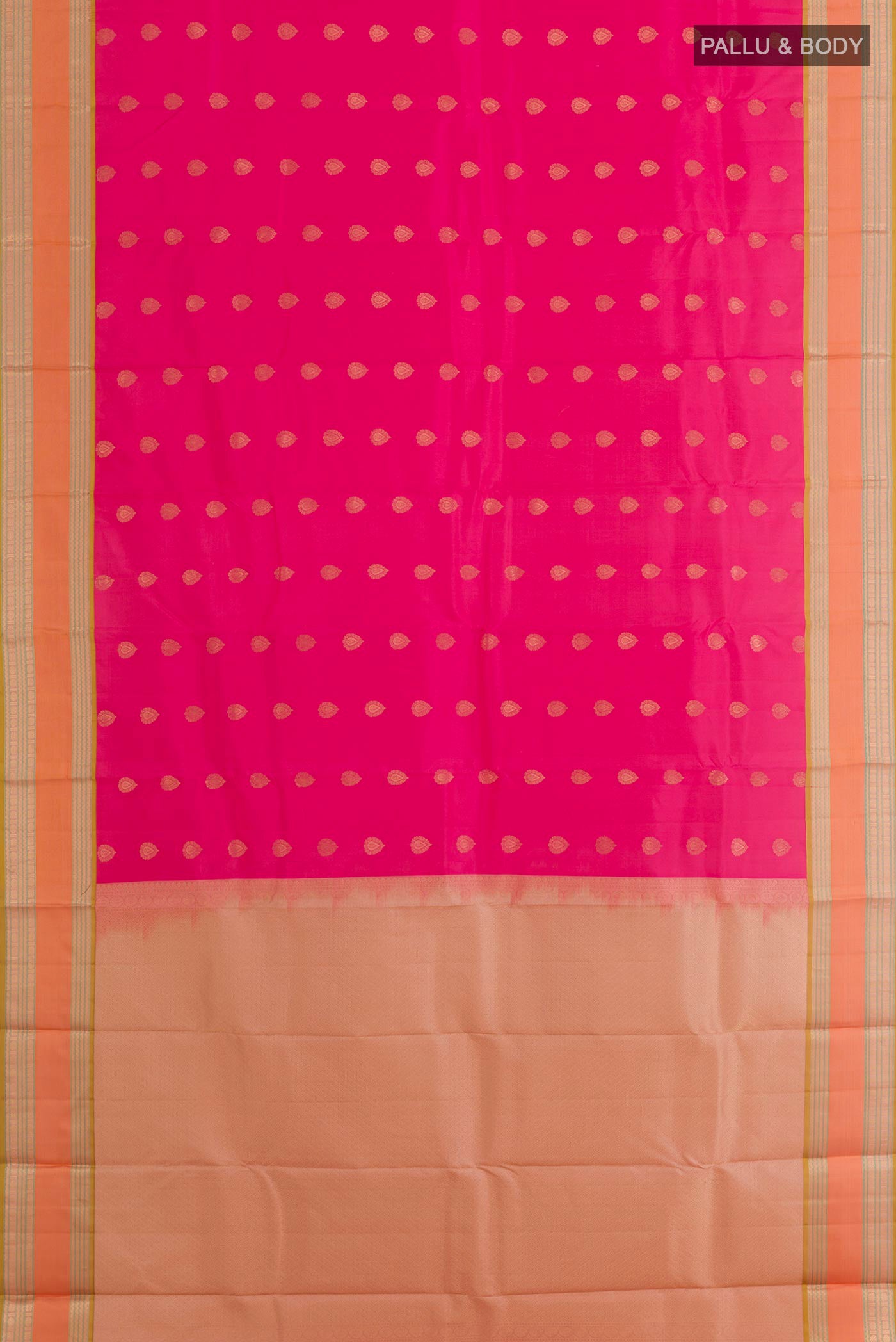 Flat view of Pink Kanjivaram Silk Saree with Zari Butta on the body and Zari Border. 