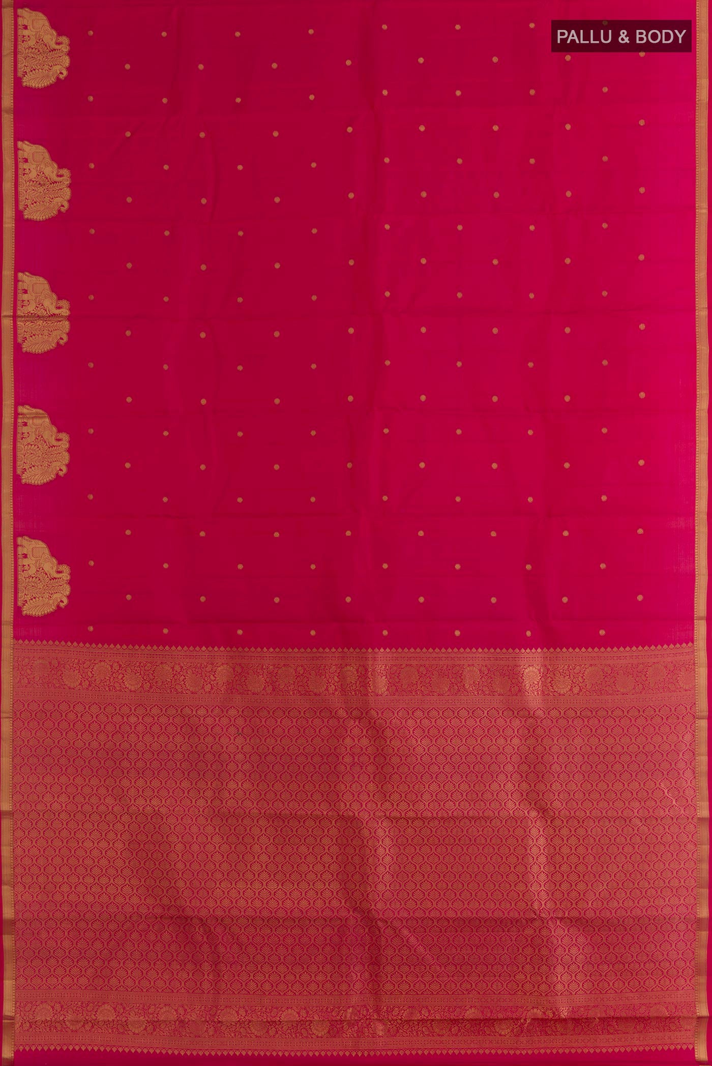 Flat view of Pink Kanchipuram Silk Saree with Zari Butta on the body and Zari Border. 
