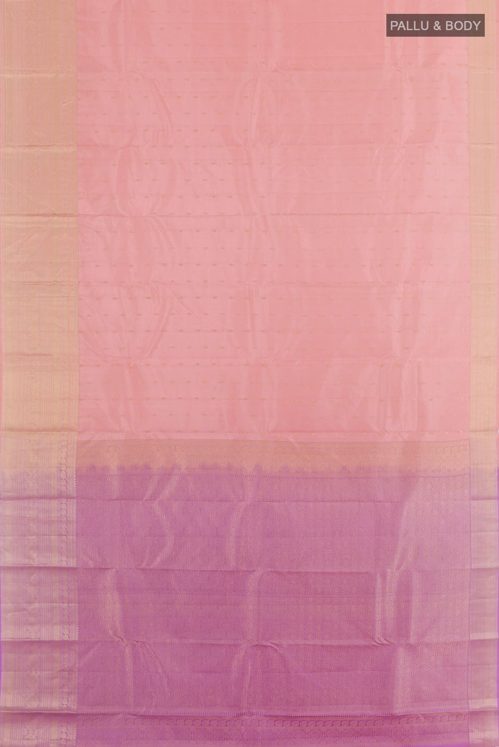 Flat view of Rose pink Kanchipuram Silk Saree with Zari Butta on the body and Zari Border. 