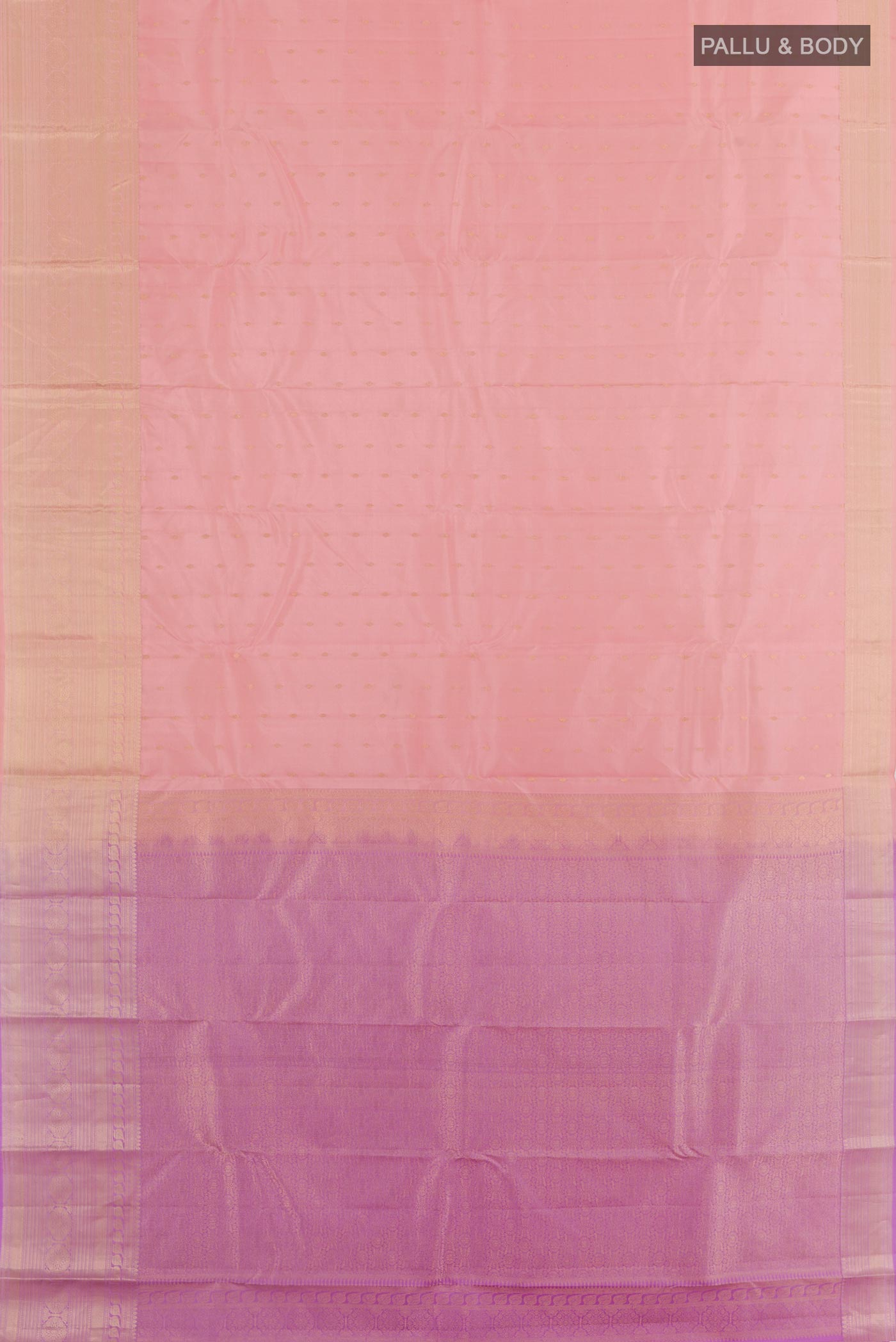 Flat view of Rose pink Kanchipuram Silk Saree with Zari Butta on the body and Zari Border. 