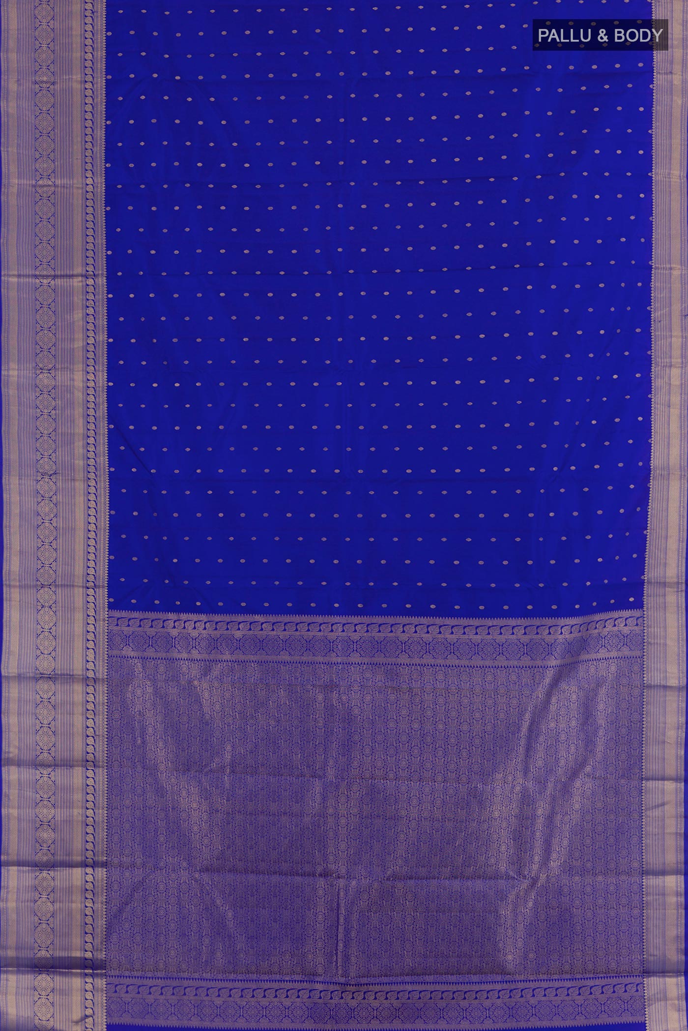 Flat view of Blue Kanchipuram Silk Saree with Zari Butta on the body and Zari Border. 