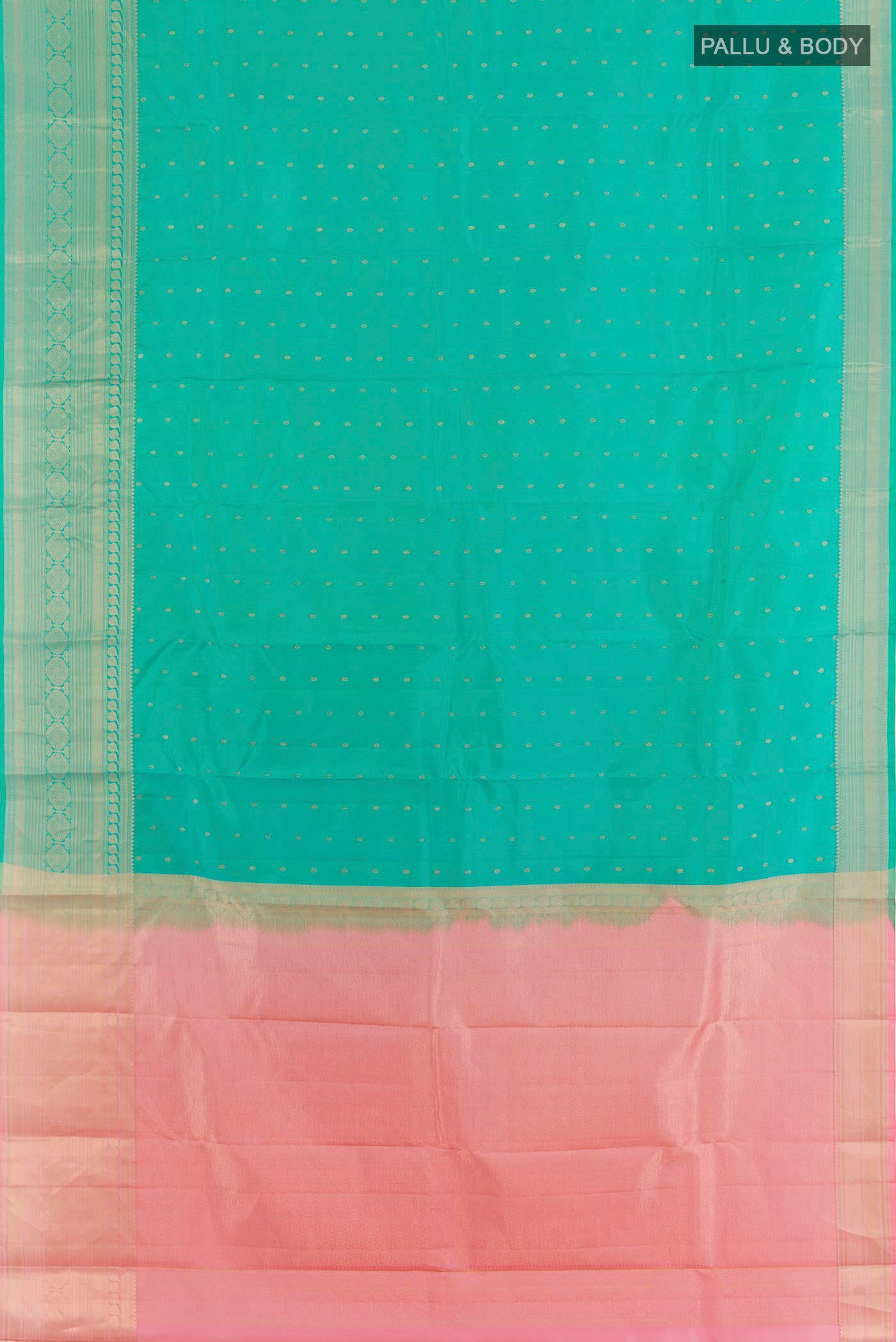 Flat view of Sea Green Kanchipuram Silk Saree with Zari Brocade on the body and Zari Border. 