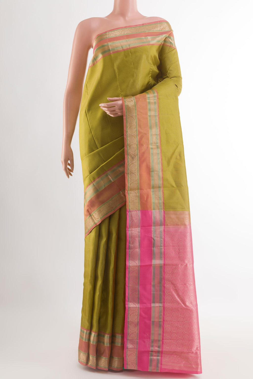 Mehandi Green Kanchipuram Silk Saree with Checked design on the body and Zari Border.  displayed on a mannequin