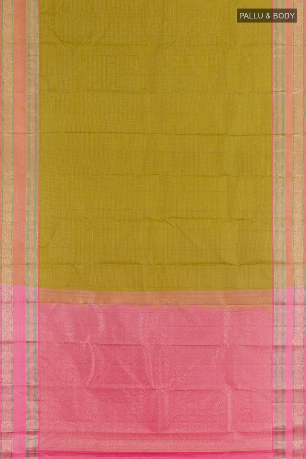 Flat view of Mehandi Green Kanchipuram Silk Saree with Checked design on the body and Zari Border. 