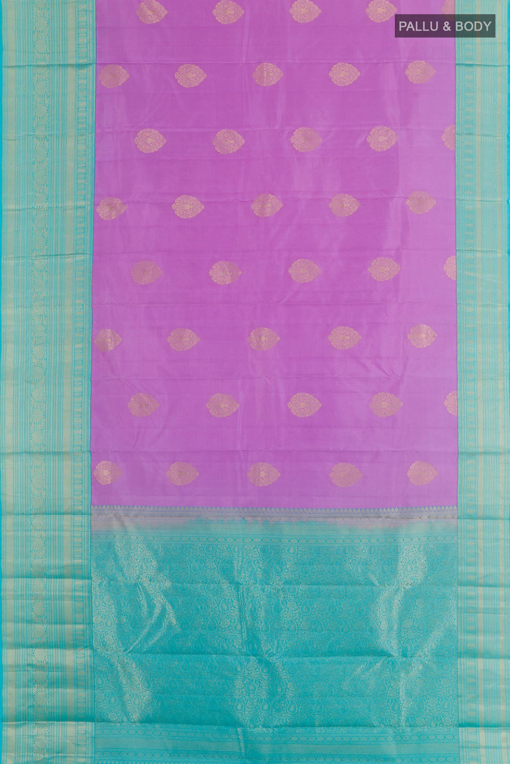 Flat view of Lavender Kanchipuram Silk Saree with Zari Butta on the body and Zari Border. 