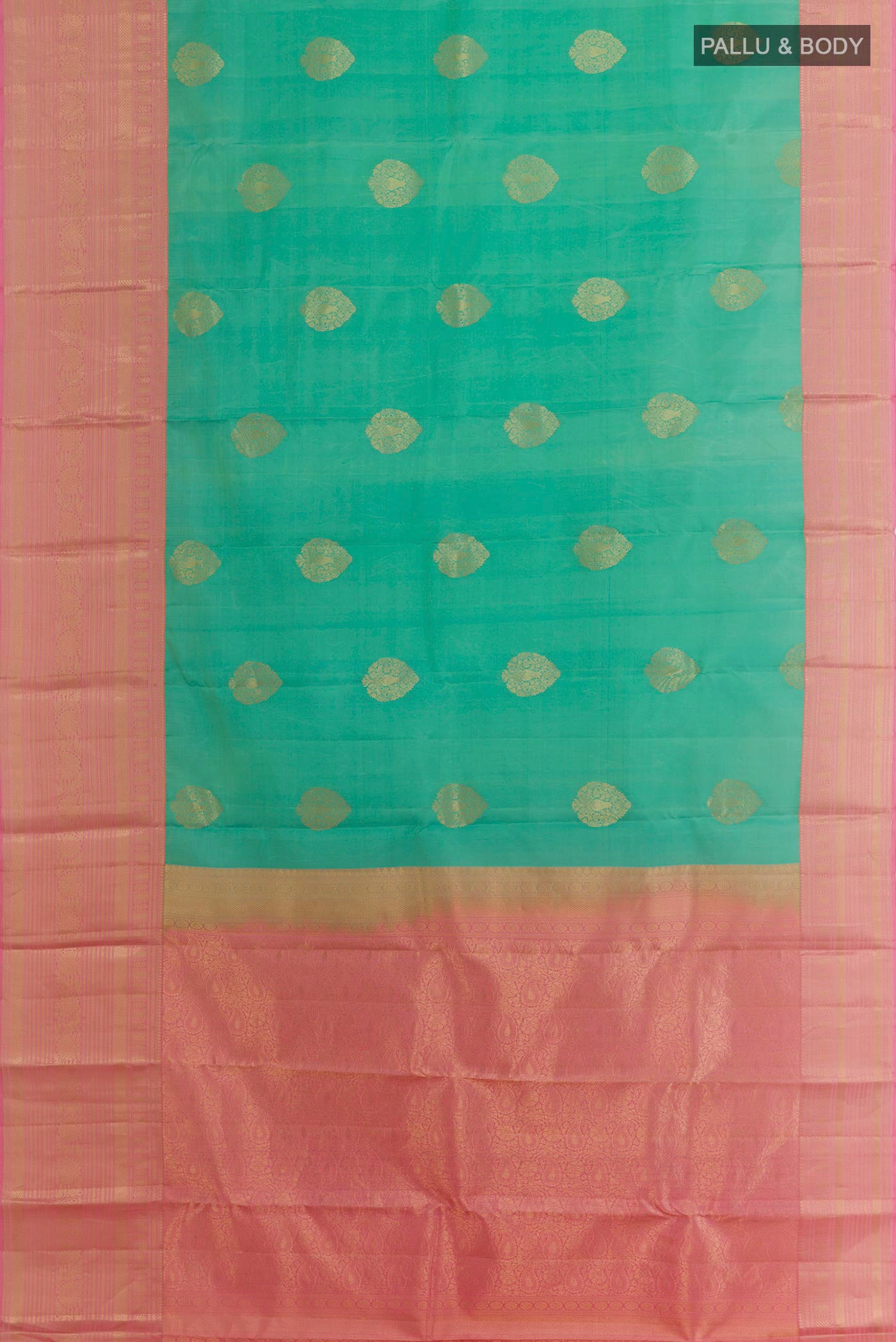 Flat view of Sea Green Kanchipuram Silk Saree with Zari Butta on the body and Zari Border. 