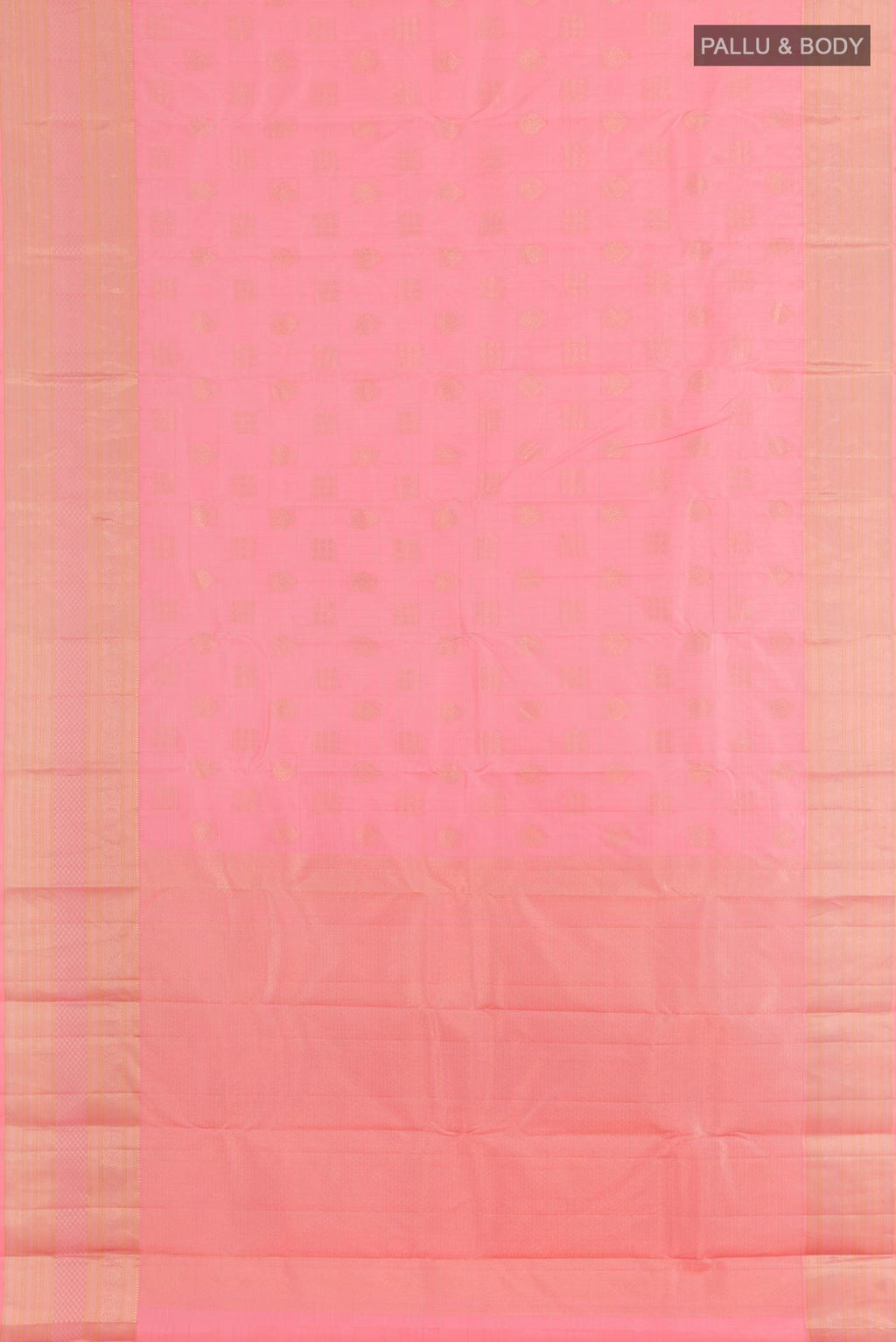 Flat view of Pink Kanjivaram Silk Saree with Zari Butta on the body and Zari Border. 
