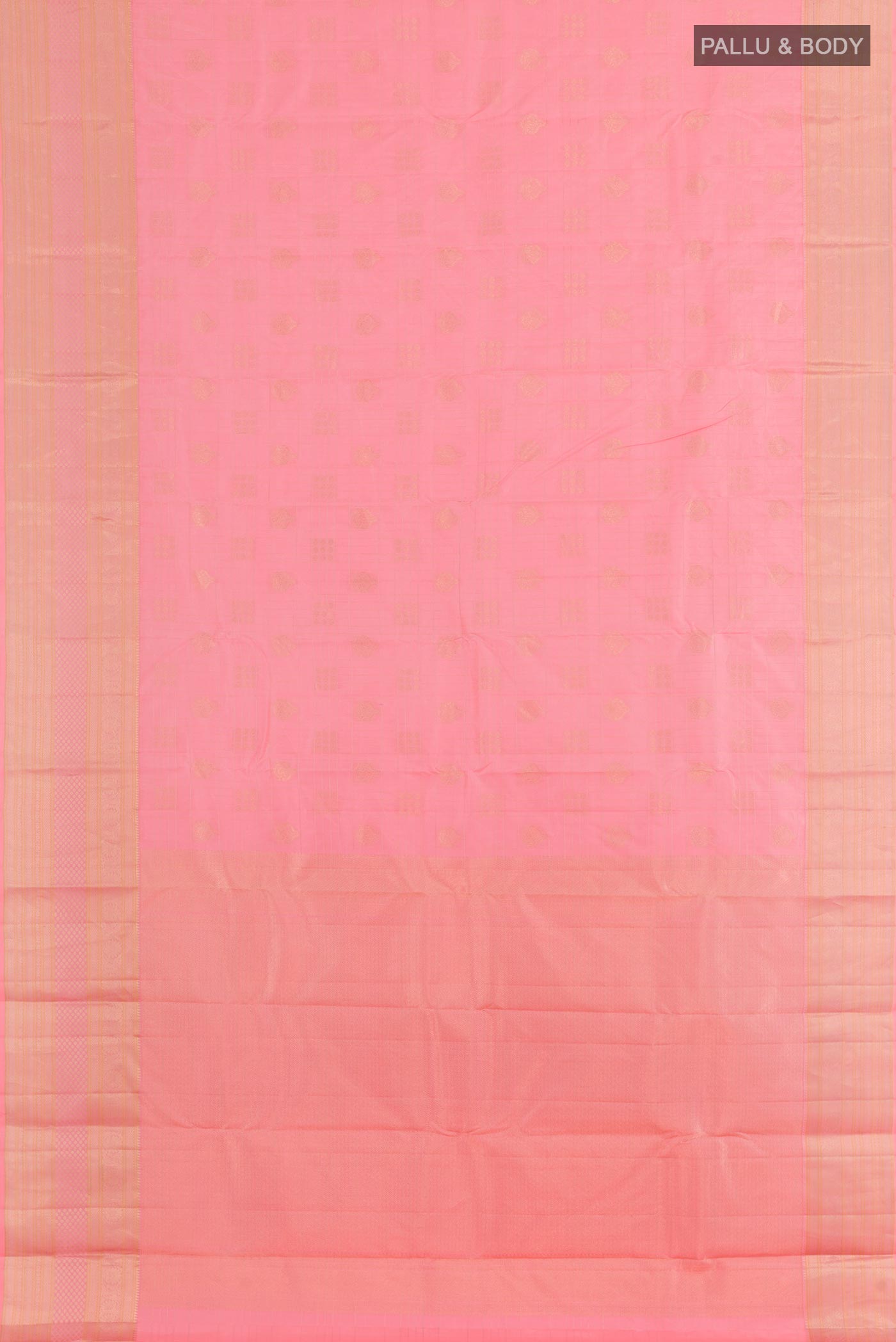 Flat view of Pink Kanjivaram Silk Saree with Zari Butta on the body and Zari Border. 