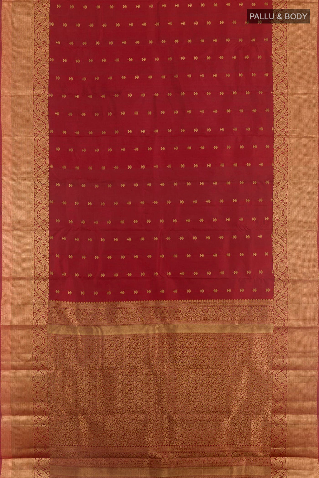 Flat view of Maroon Kanchipuram Silk Saree with Zari Butta on the body and Zari Border. 