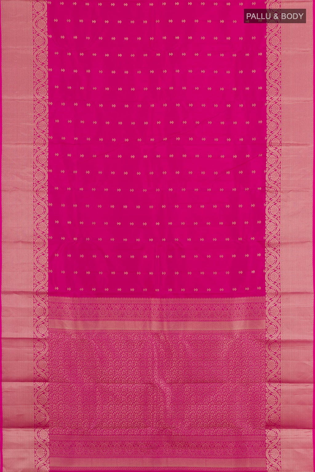 Flat view of Pink Kanchipuram Silk Saree with Zari Butta on the body and Zari Border. 
