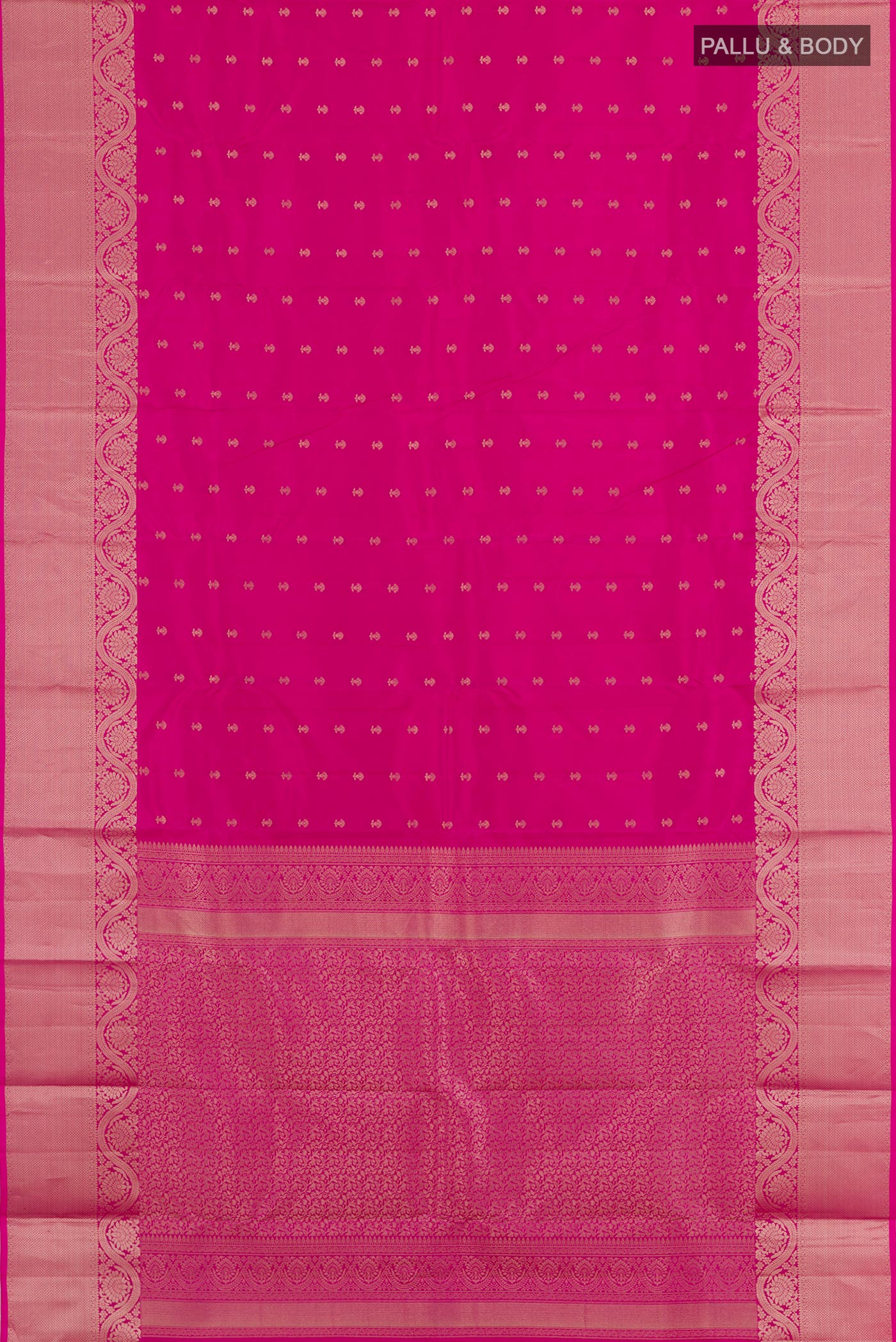 Flat view of Pink Kanchipuram Silk Saree with Zari Butta on the body and Zari Border. 