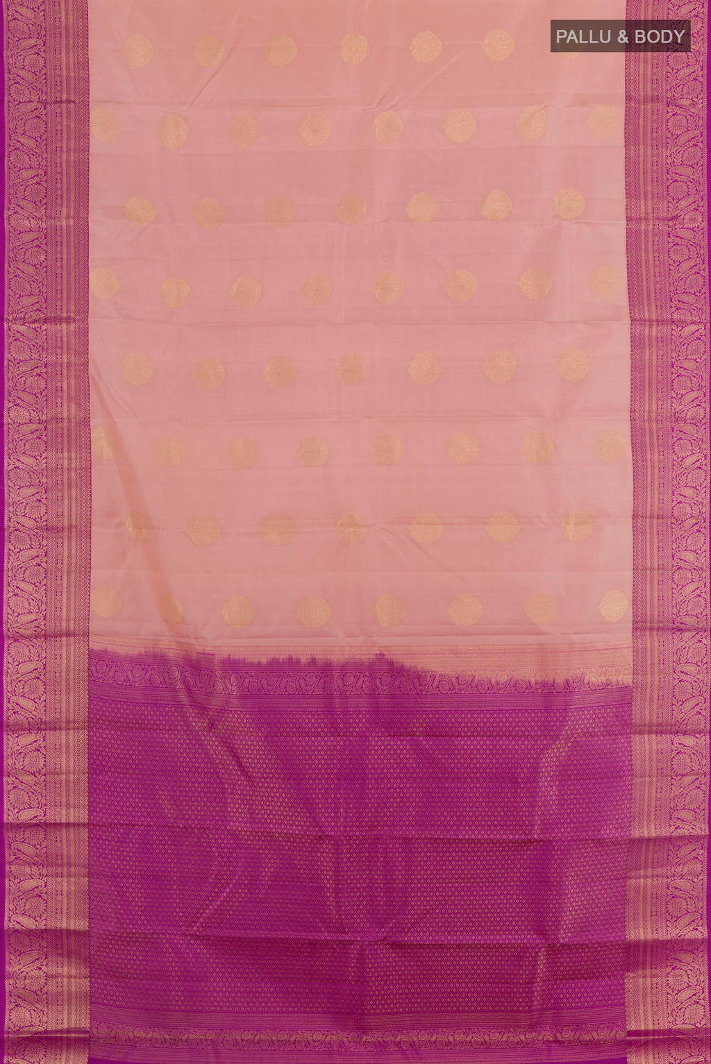 Flat view of Pink Kanjivaram Silk Saree with Zari Brocade on the body and Zari Border. 