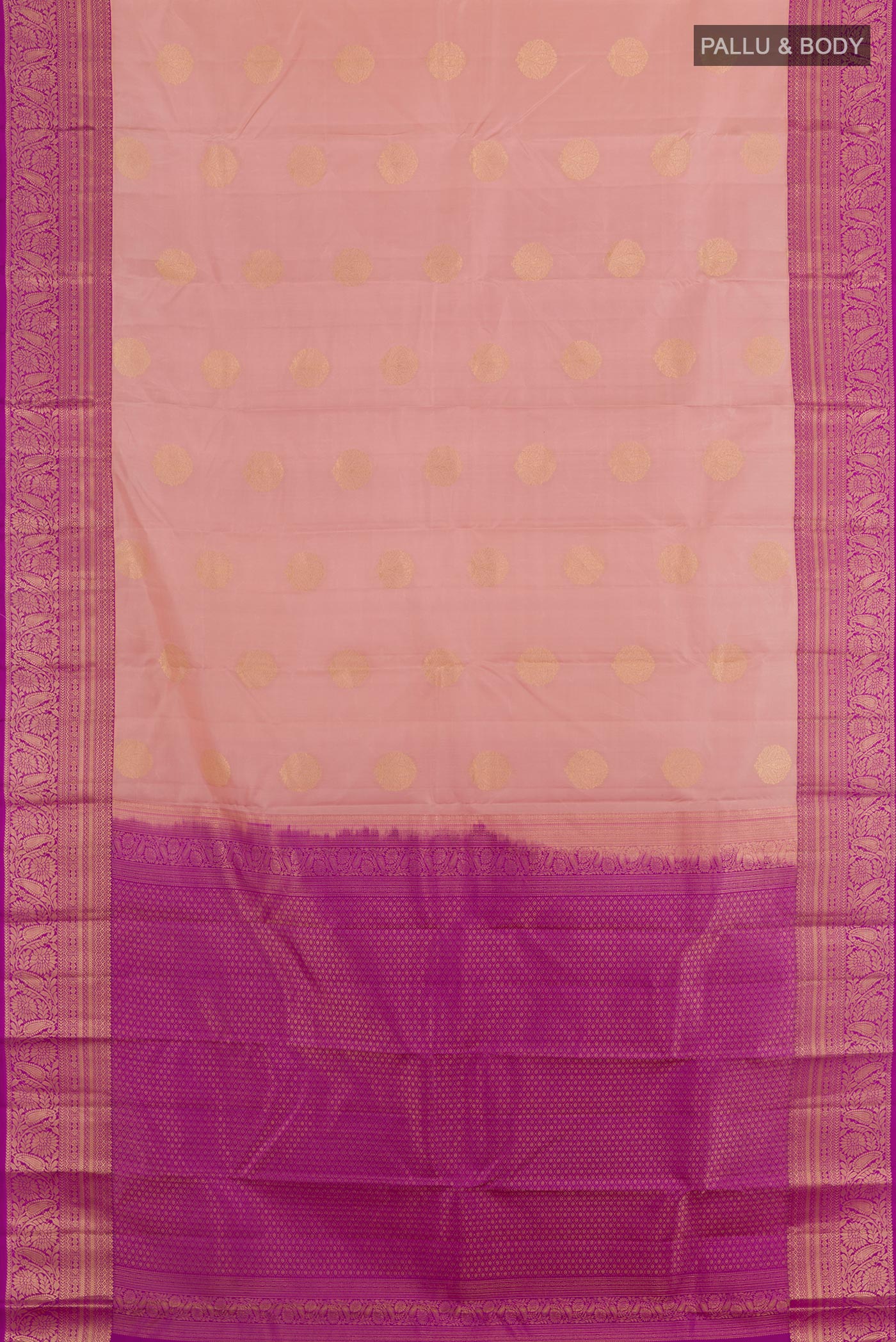 Flat view of Pink Kanjivaram Silk Saree with Zari Brocade on the body and Zari Border. 