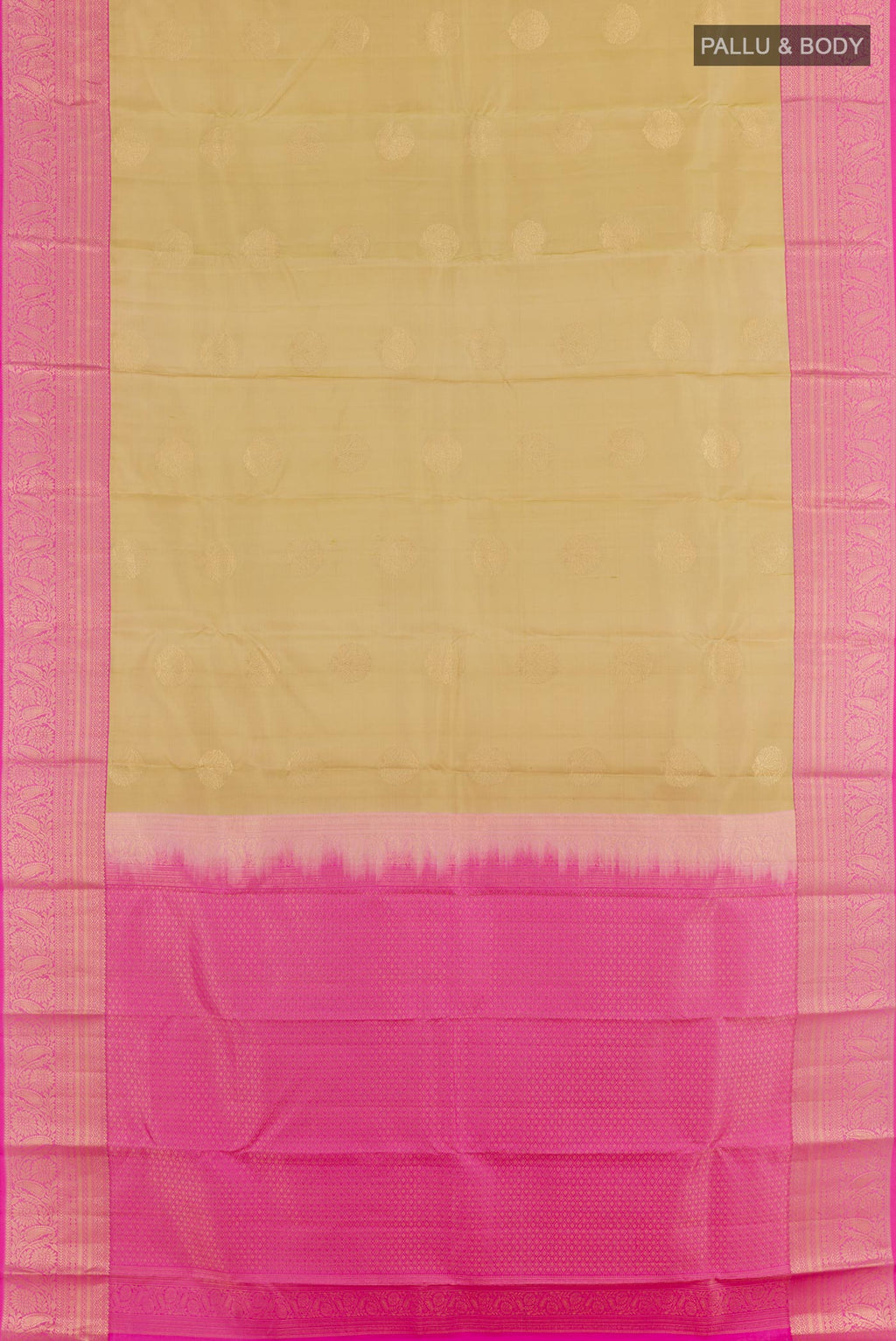 Flat view of Beige Kanjivaram Silk Saree with Zari Butta on the body and Zari Border. 