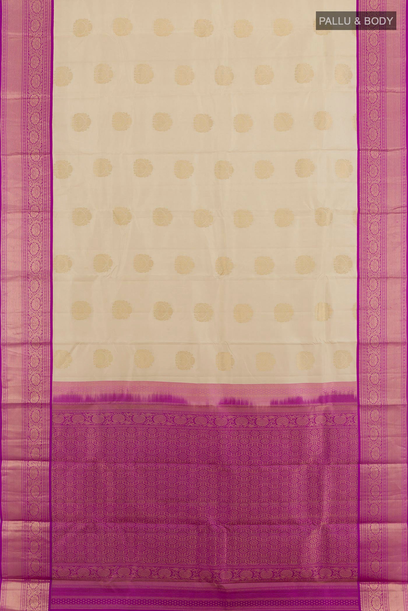 Flat view of Beige Kanjivaram Silk Saree with Zari Butta on the body and Zari Border. 