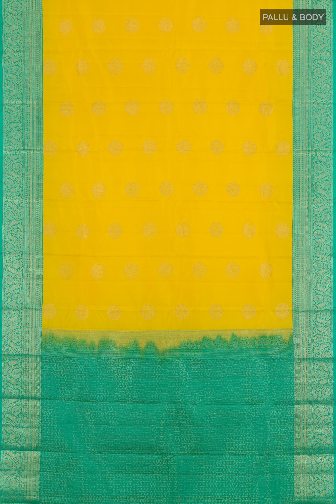 Flat view of Yellow Kanjivaram Silk Saree with Zari Butta on the body and Zari Border. 